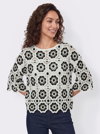 Pullover mit U-Boot-Ausschnitt - champagner-schwarz-gemustert