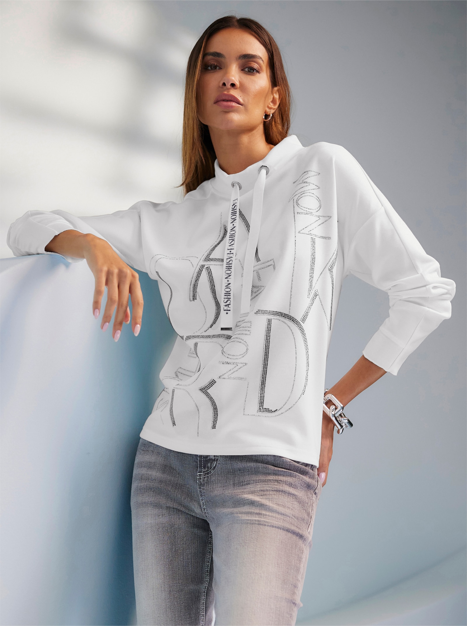 heine Stehkragenshirt mit Glitzer-Schriftzug - ecru