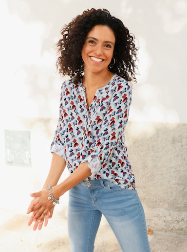 Druckbluse - himmelblau-erdbeere-bedruckt