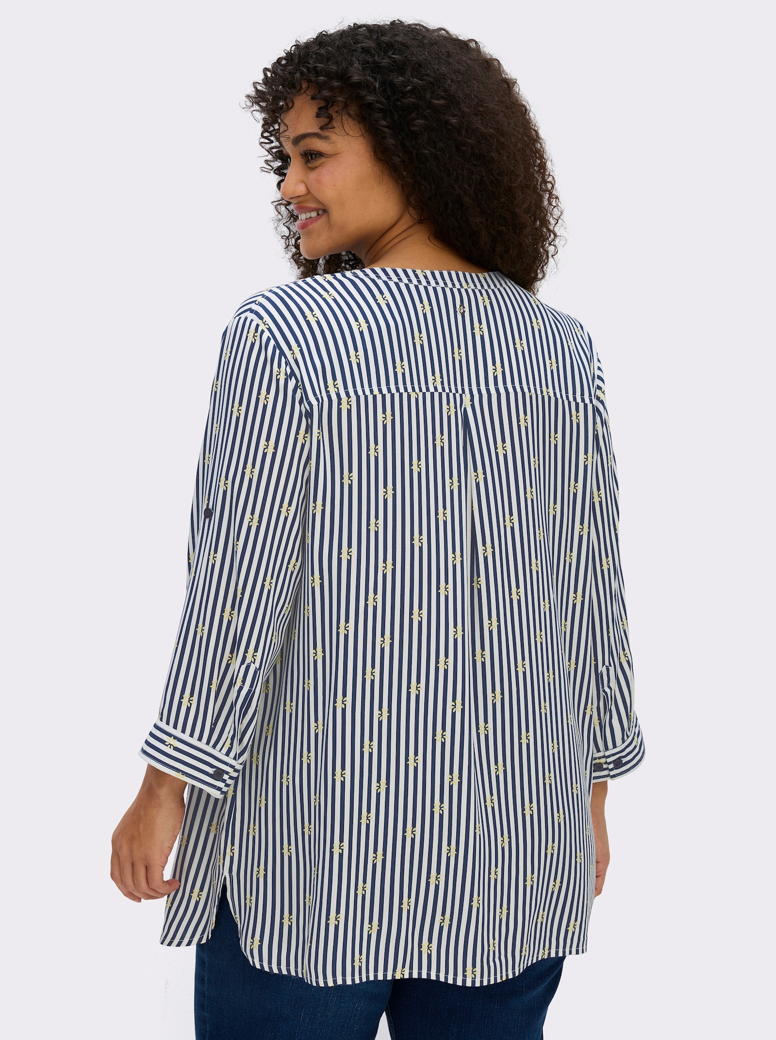 sheego Tunika im Mustermix aus Streifen und Blüten - tiefblau-ecru-gestreift