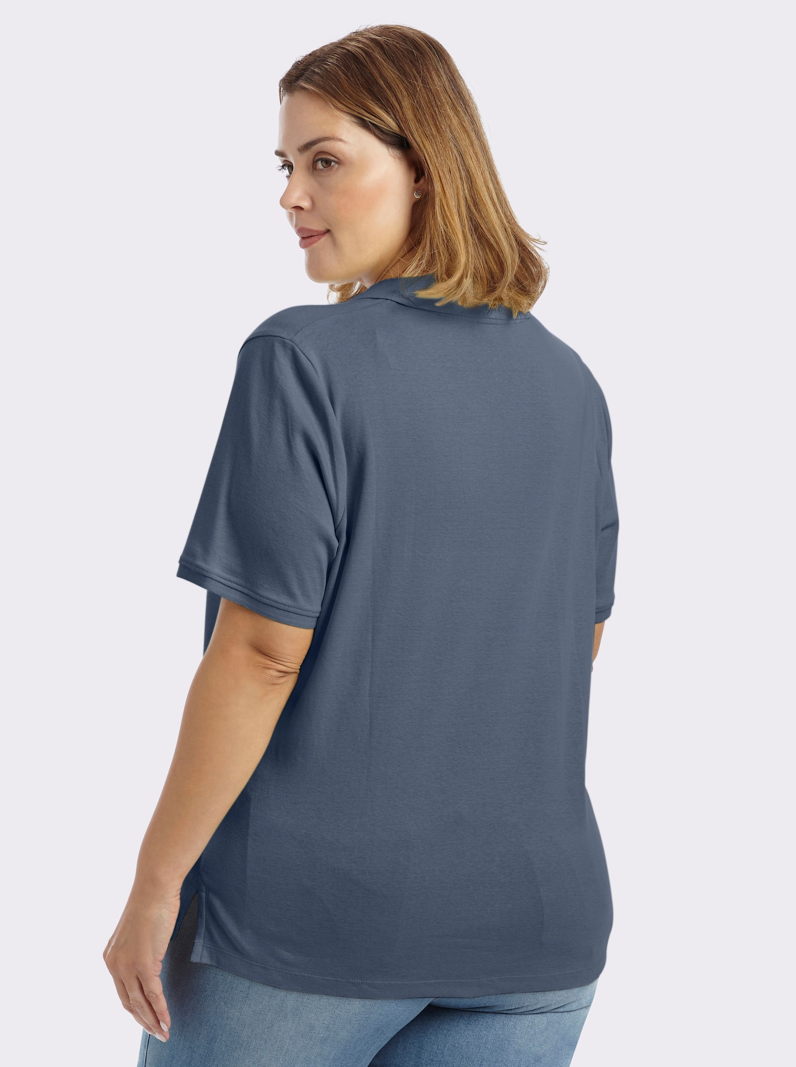 sheego Poloshirt mit V-Ausschnitt - rauchblau