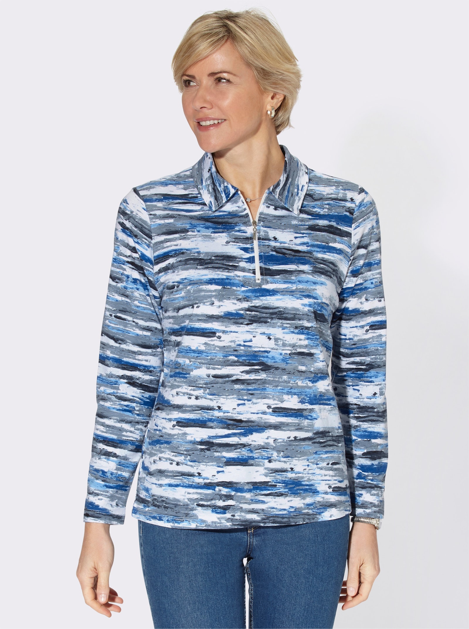 Poloshirt in bijzonder zachte materiaalmix - middenblauw gedessineerd