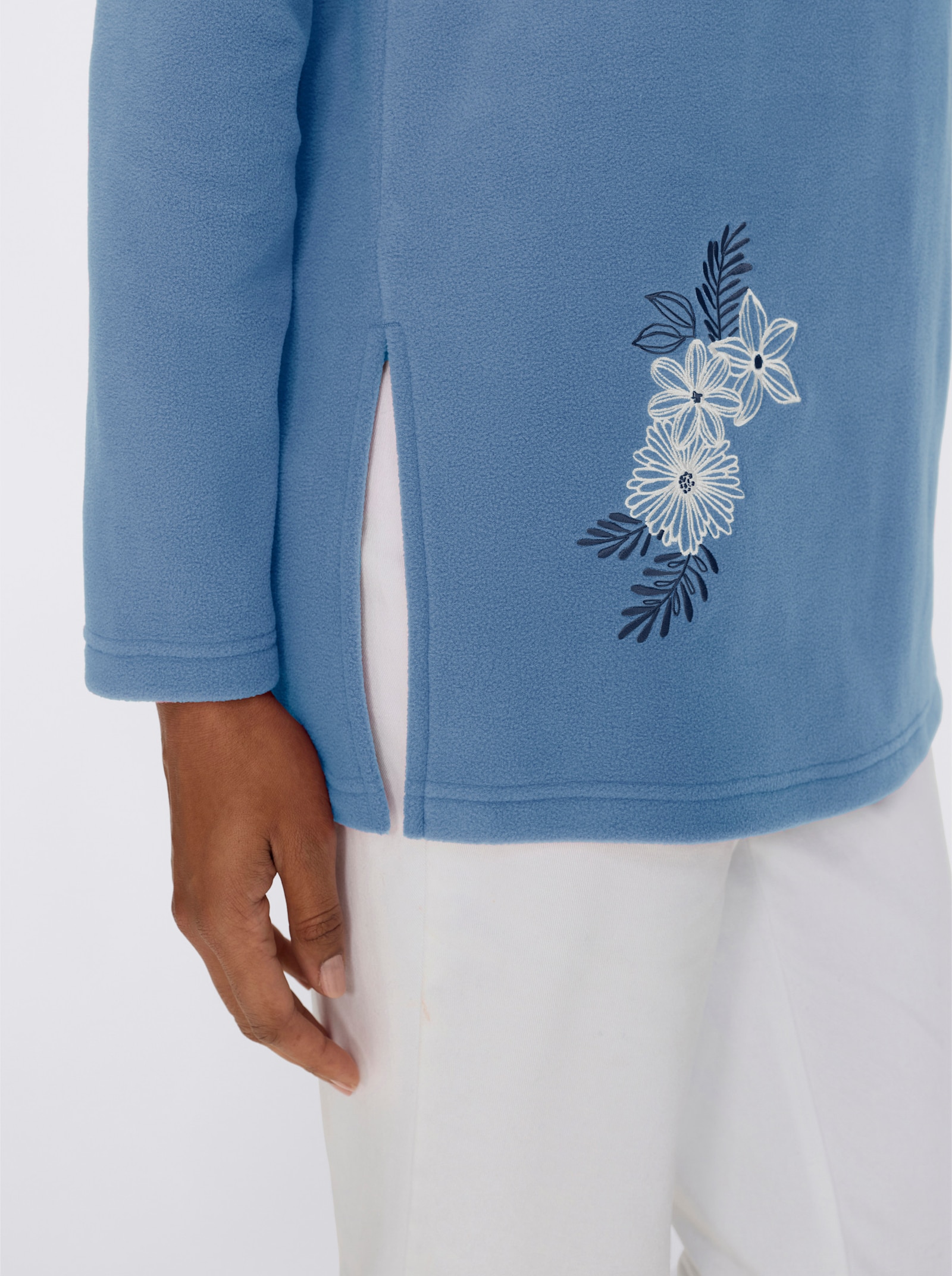 Fleeceshirt in Longform mit Stehkragen - mittelblau