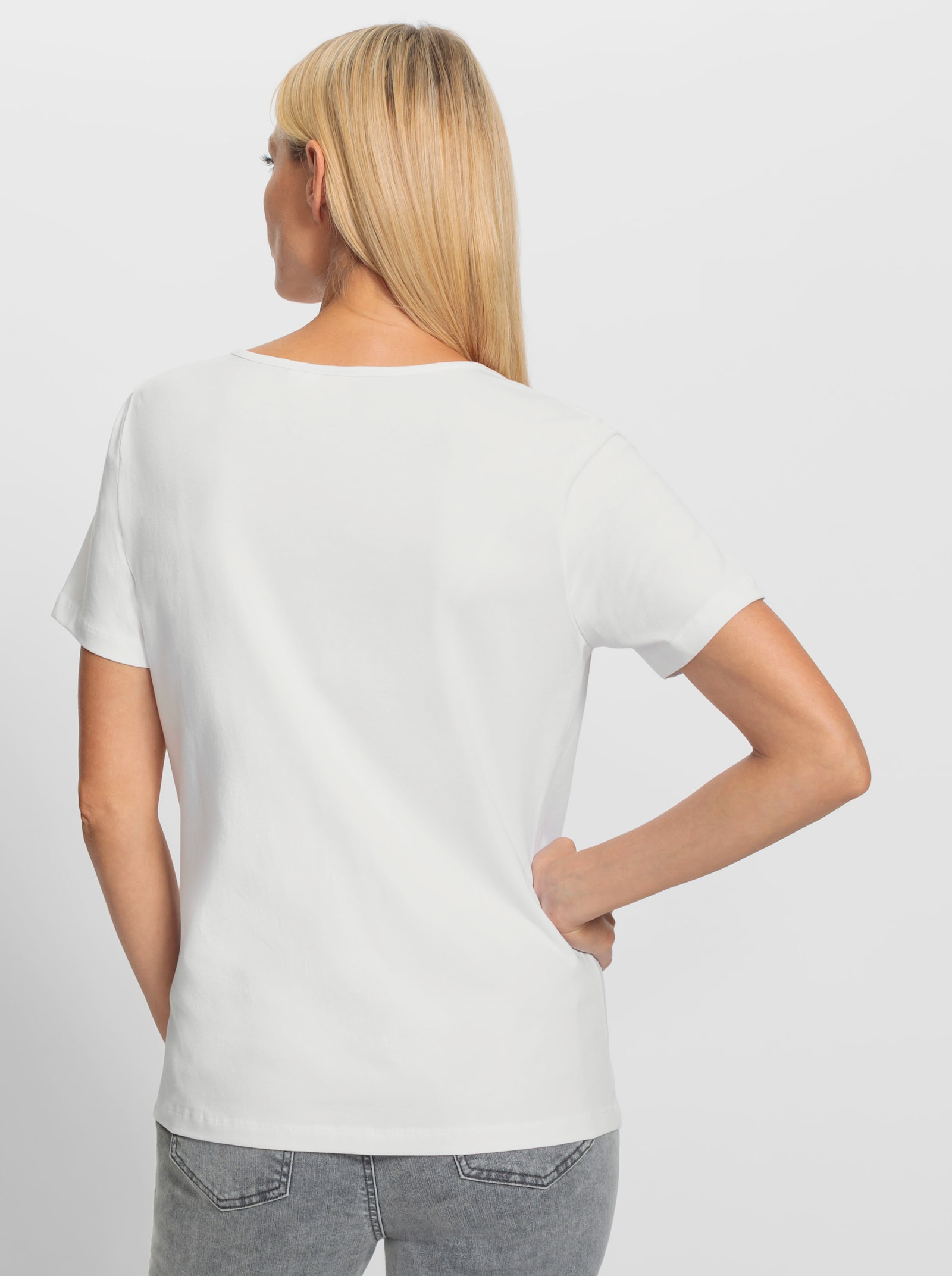 heine Kurzarmshirt mit Pailletten und Glitzersteinen - weiß-zitrone-bedruckt