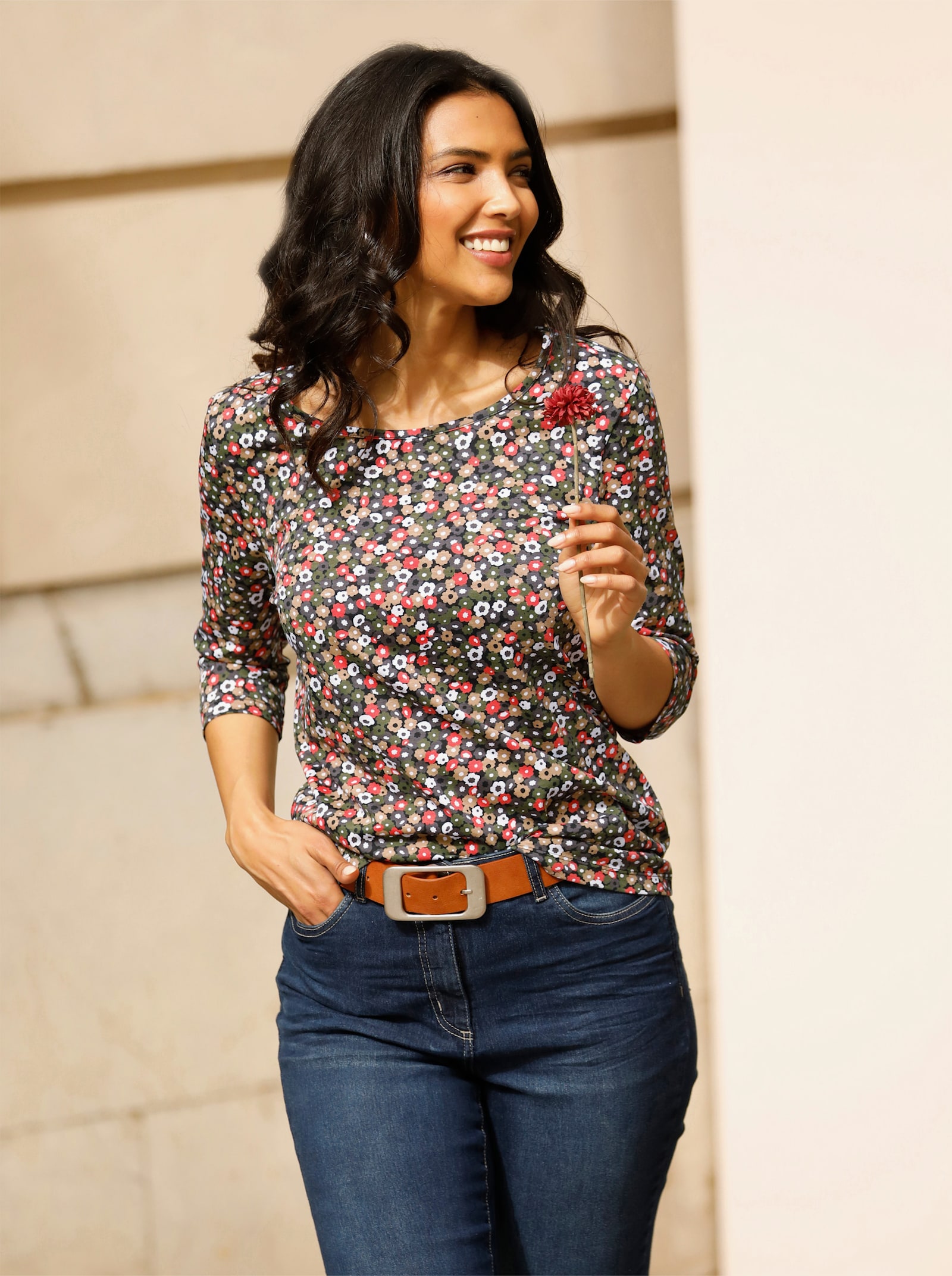 3/4-Arm-Shirt mit Blümchen-Muster - grapefruit-oliv-bedruckt