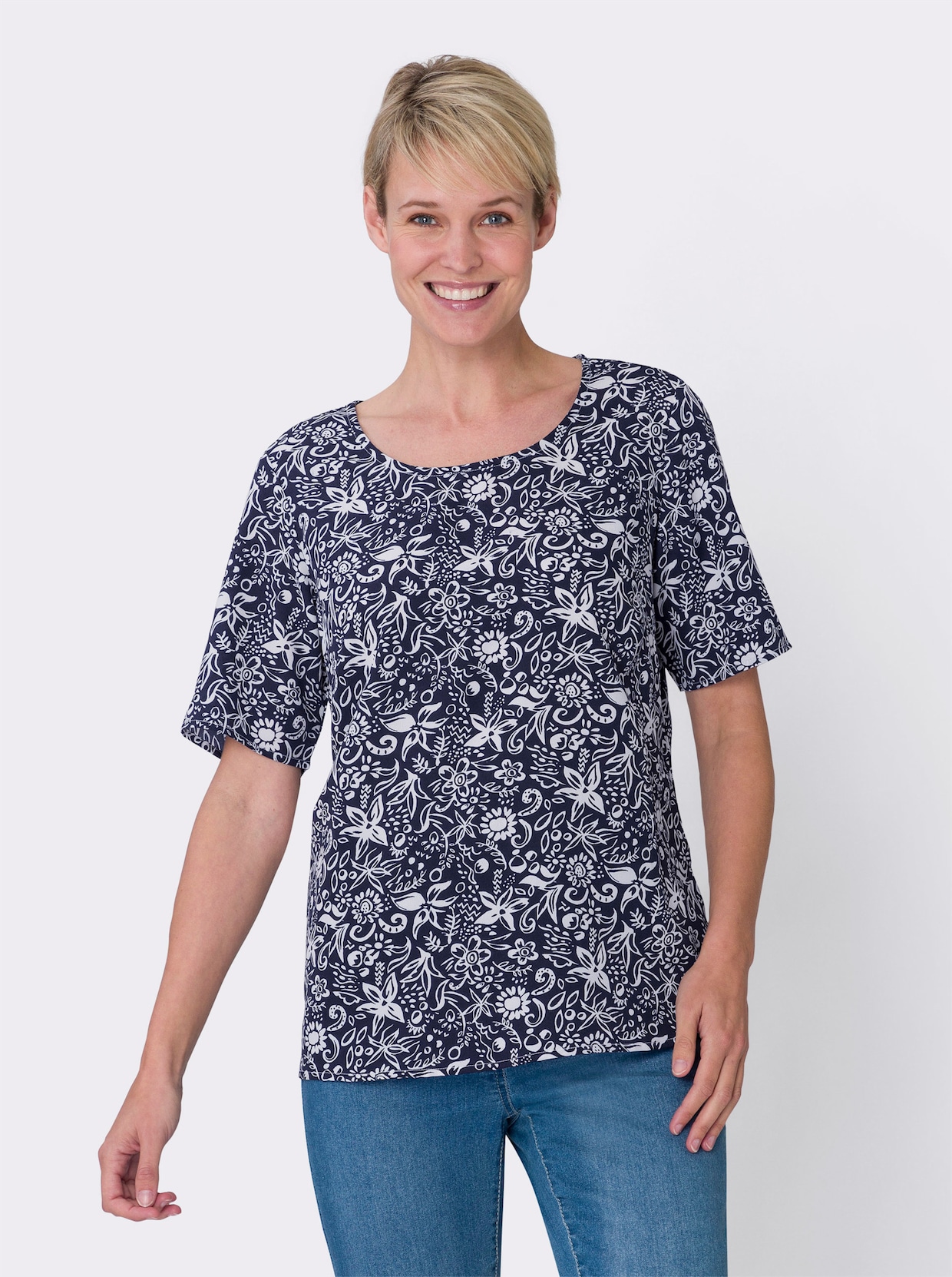 Comfortabele blouse - marine/ecru geprint