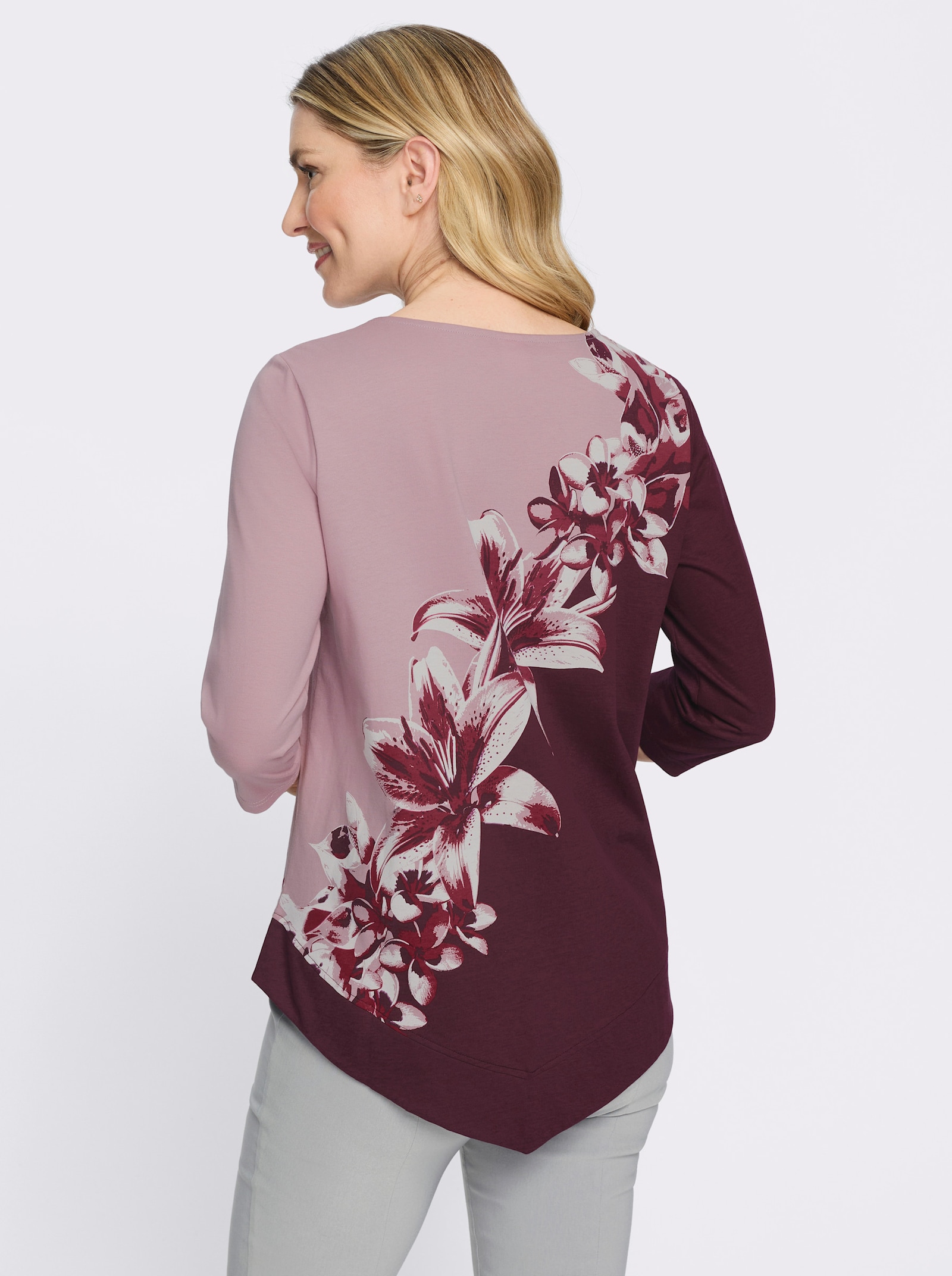Tunikashirt mit spitz zulaufendem Saum - burgund-mauve-bedruckt