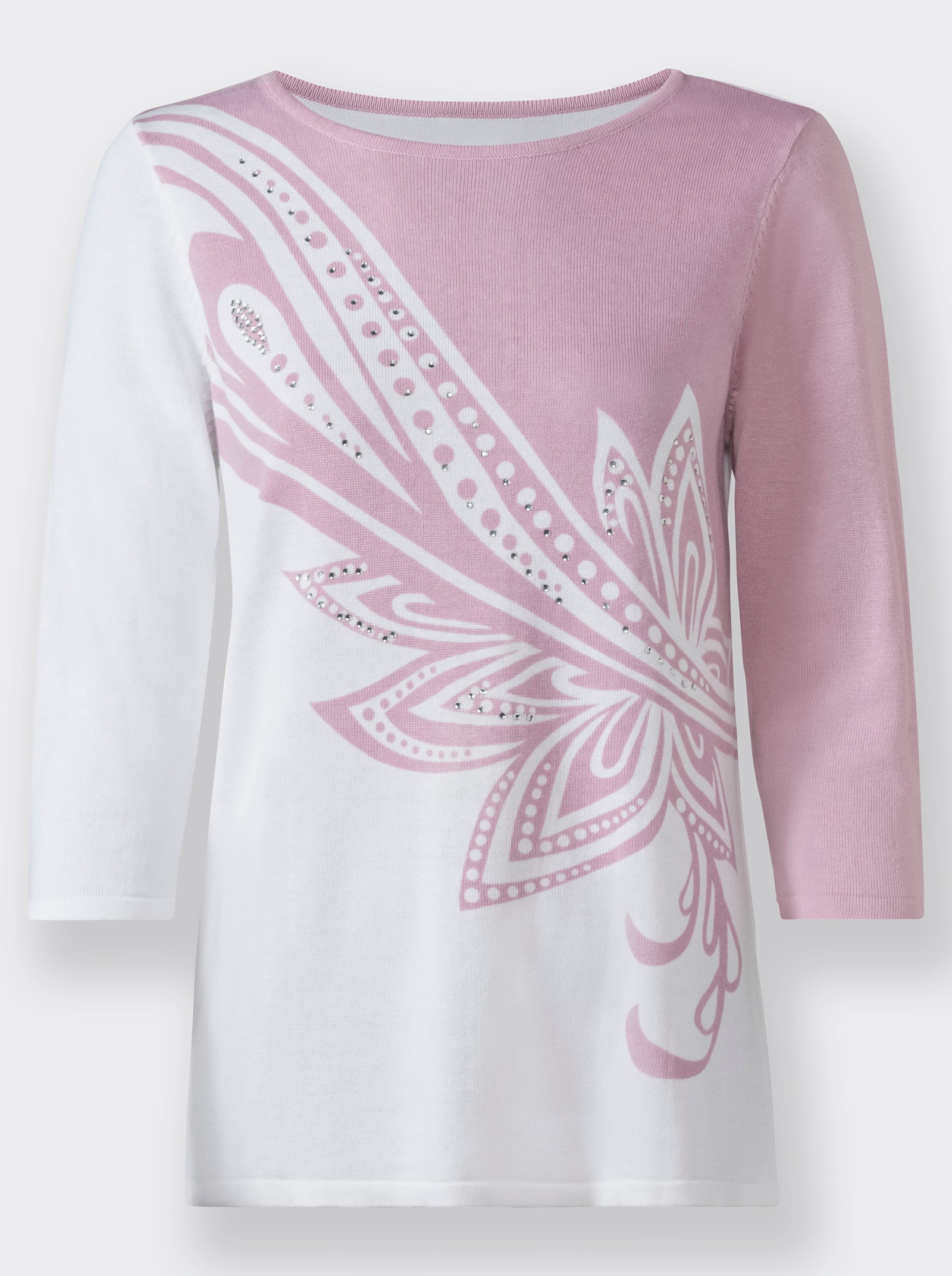 Feinstrickpullover mit platziertem Druck vorne - ecru-hellrosé-bedruckt
