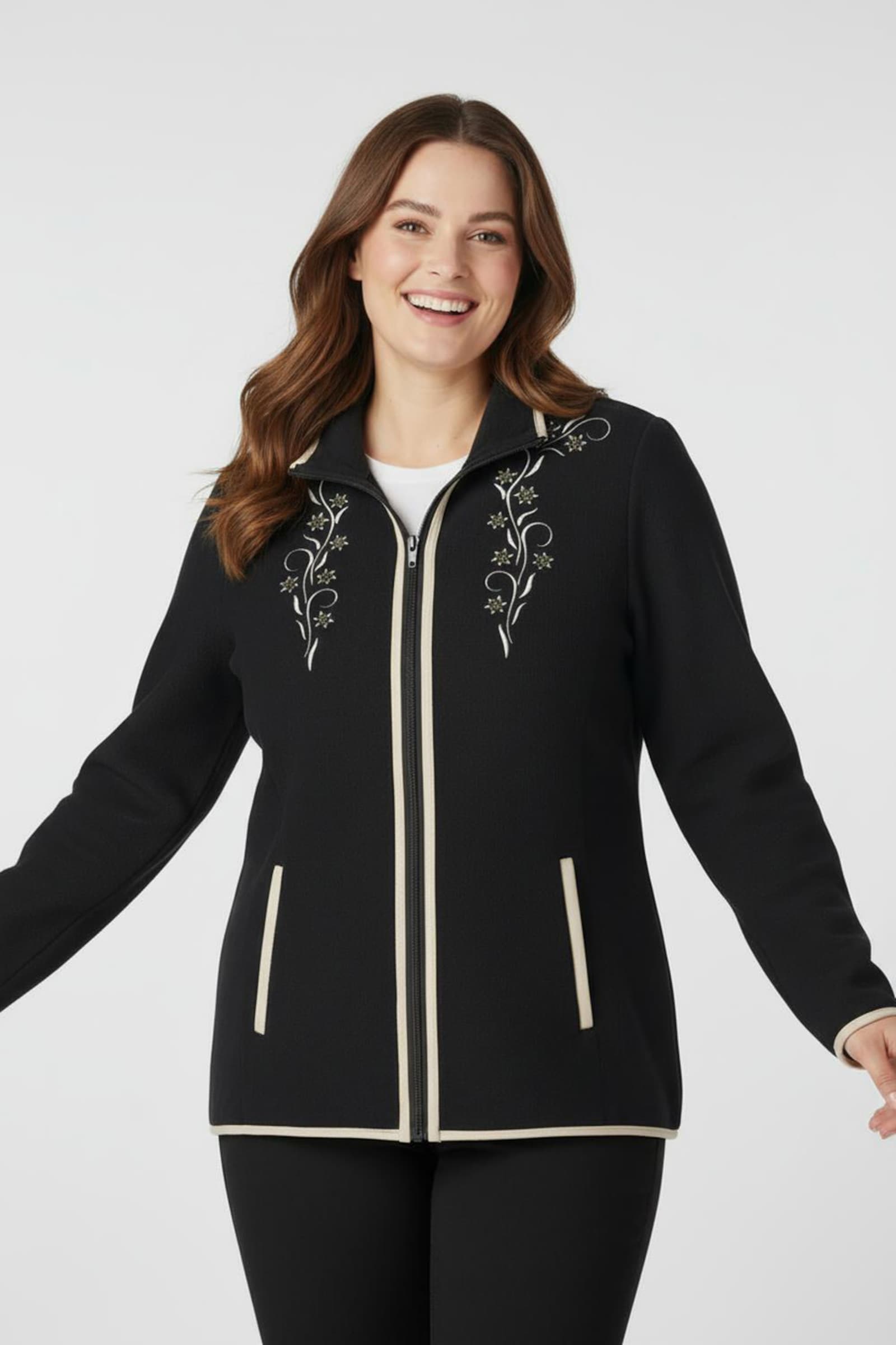 Fleecejacke mit Stickerei - schwarz-sesam