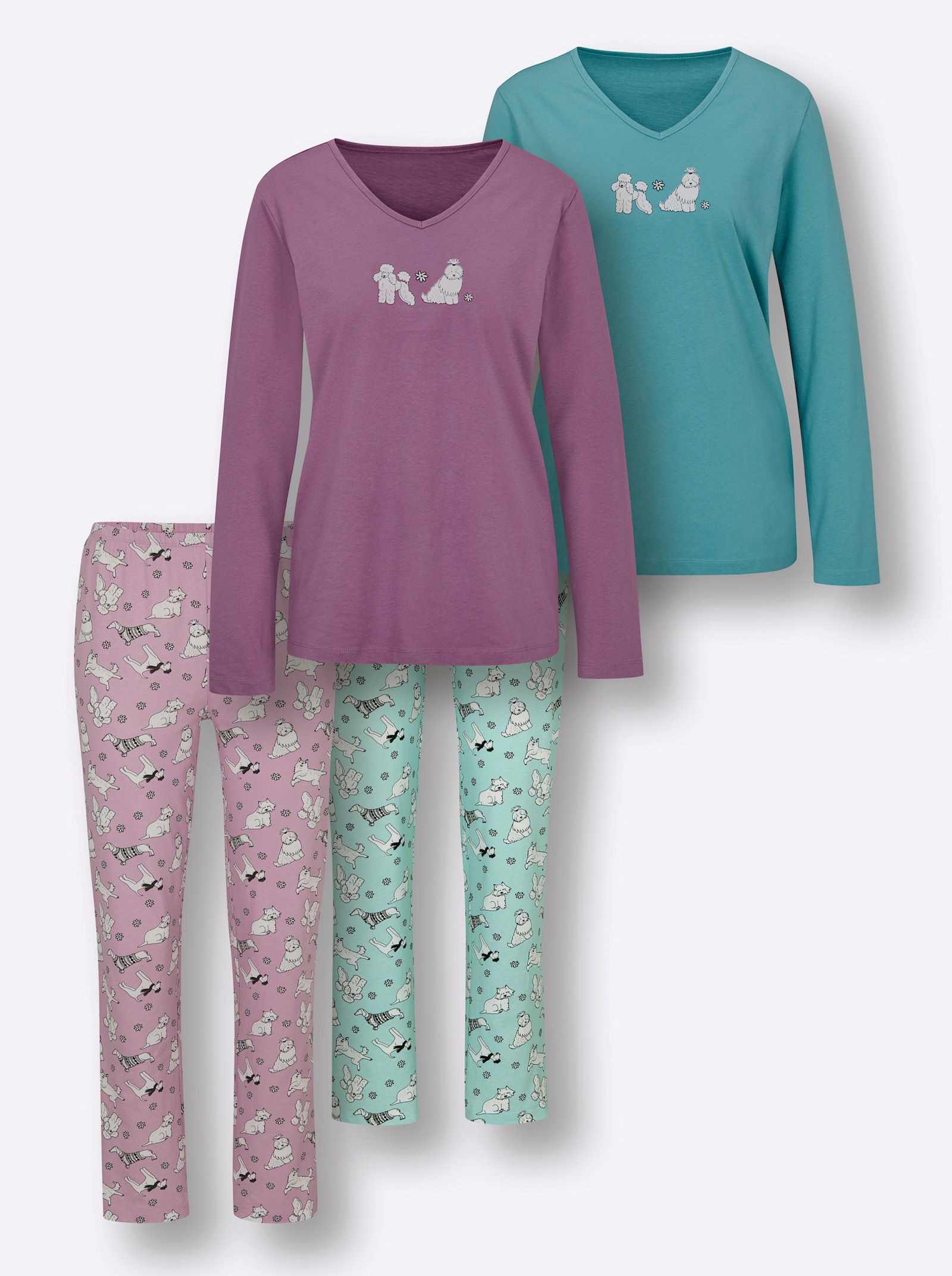 wäschepur Schlafanzüge mit Hunde-Motiven - ozean-mint-bedruckt + violett-mauve-bedruckt