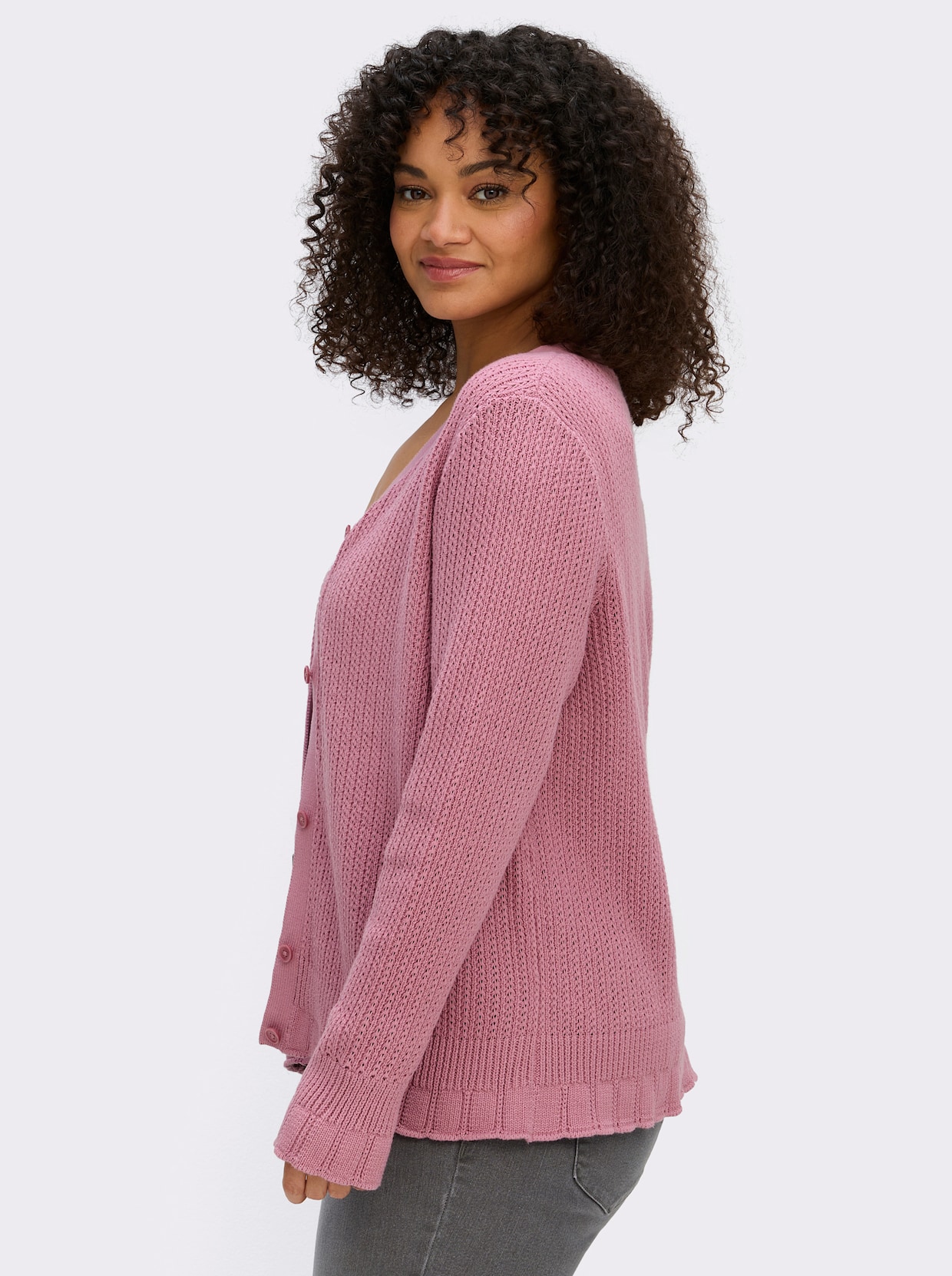 sheego Ajourstrickjacke mit V-Ausschnitt - altrosa