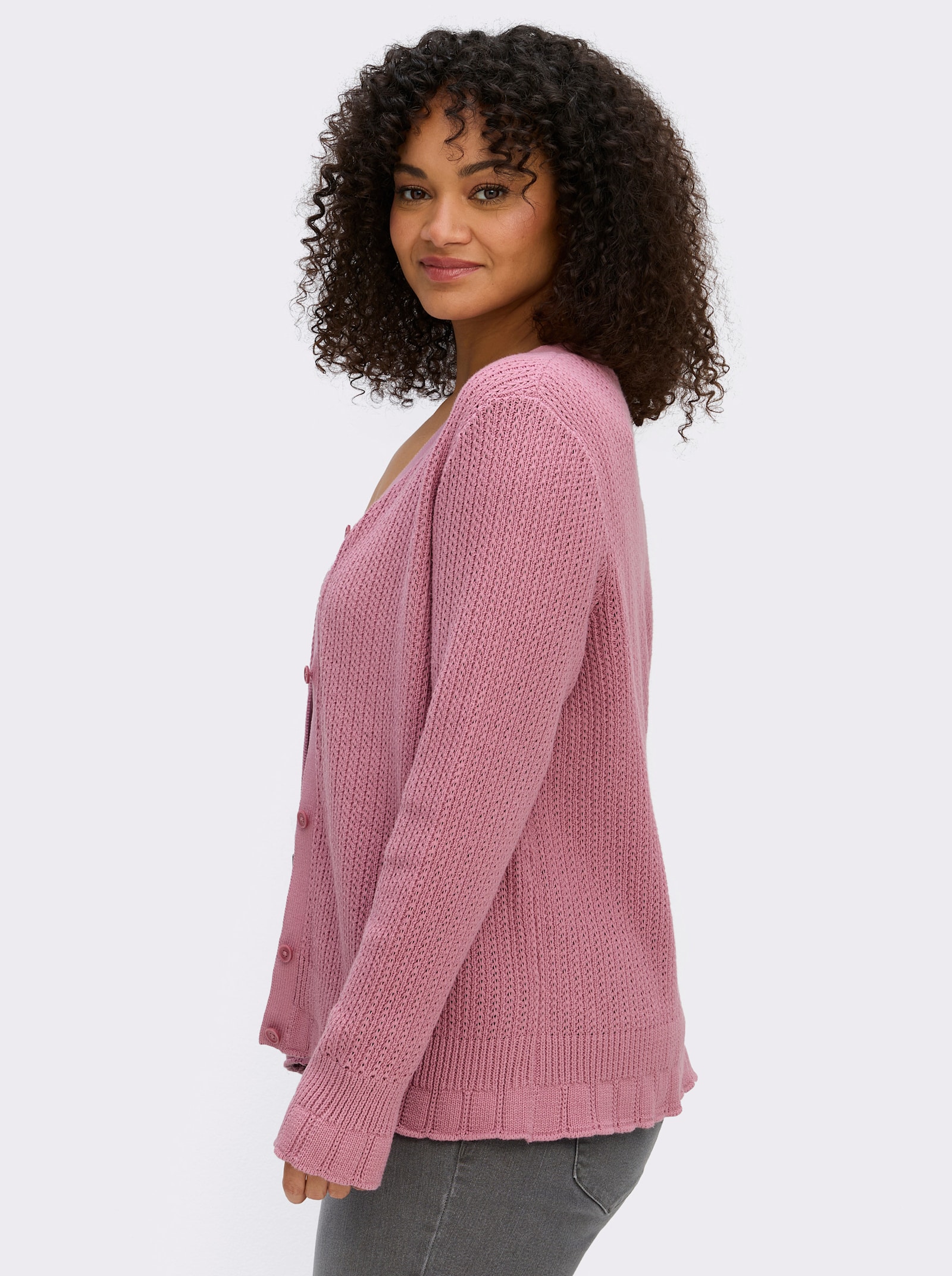 sheego Ajourstrickjacke mit V-Ausschnitt - altrosa