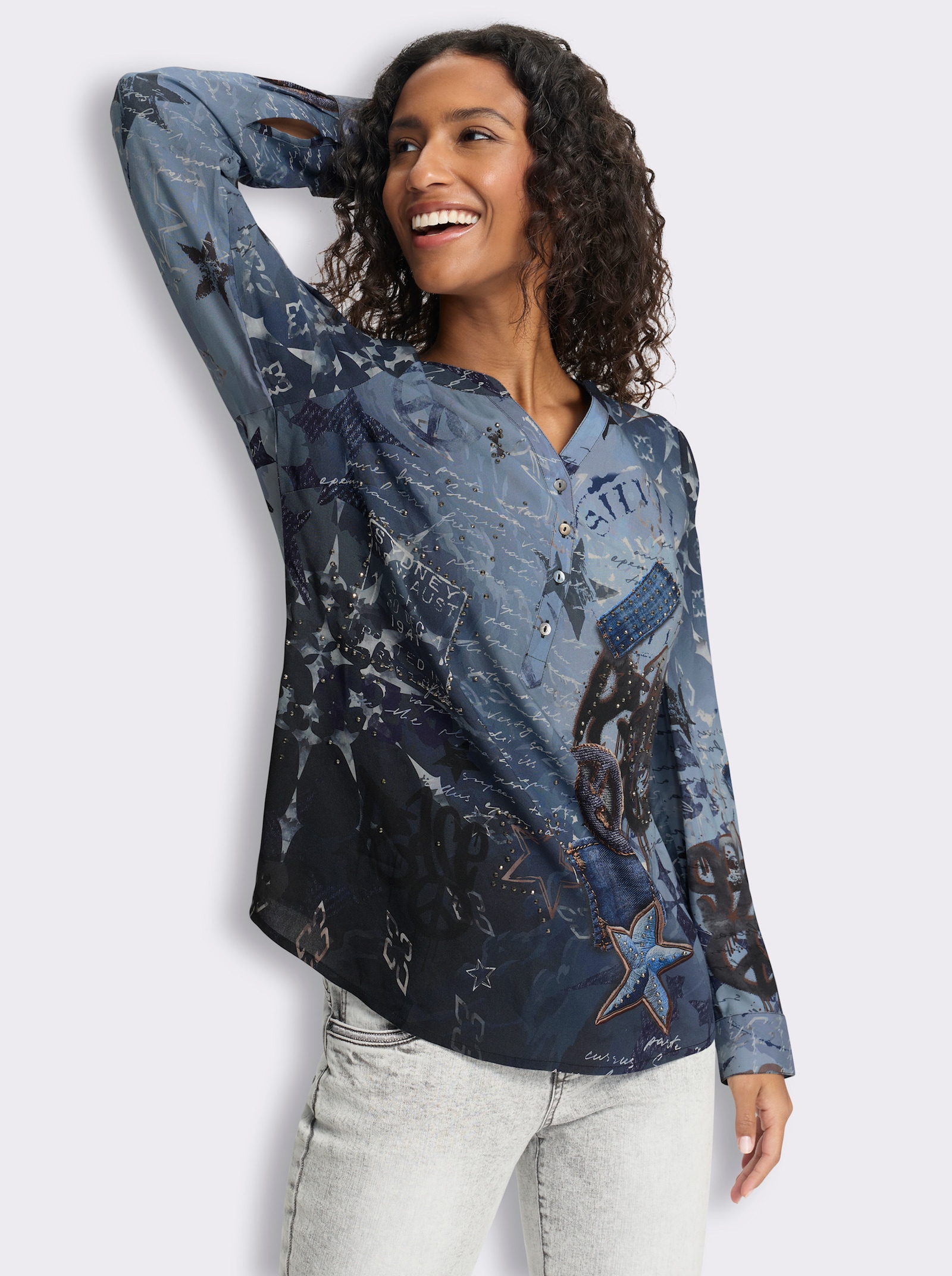heine Druckbluse - jeansblau-steingrau-bedruckt