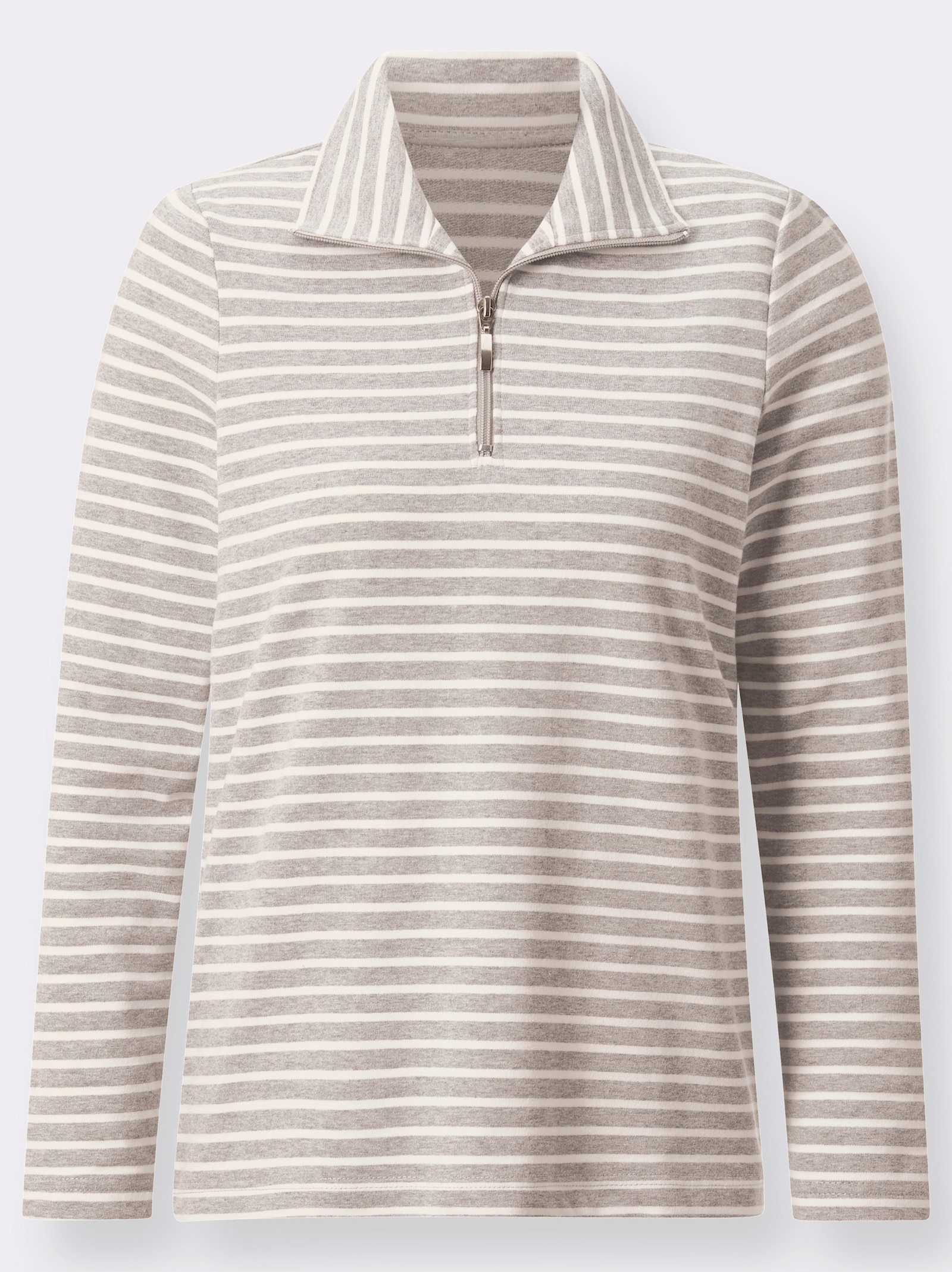 Langarmshirt mit Troyerkragen und Reißverschluss - beige-gestreift