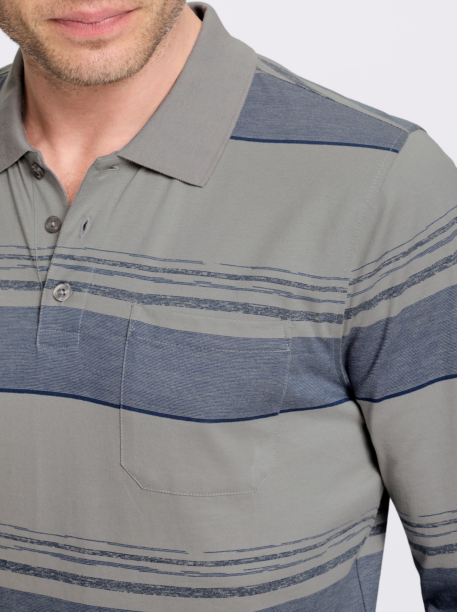 Marco Donati Langarm-Poloshirt mit Rippbündchen - steingrau-gemustert