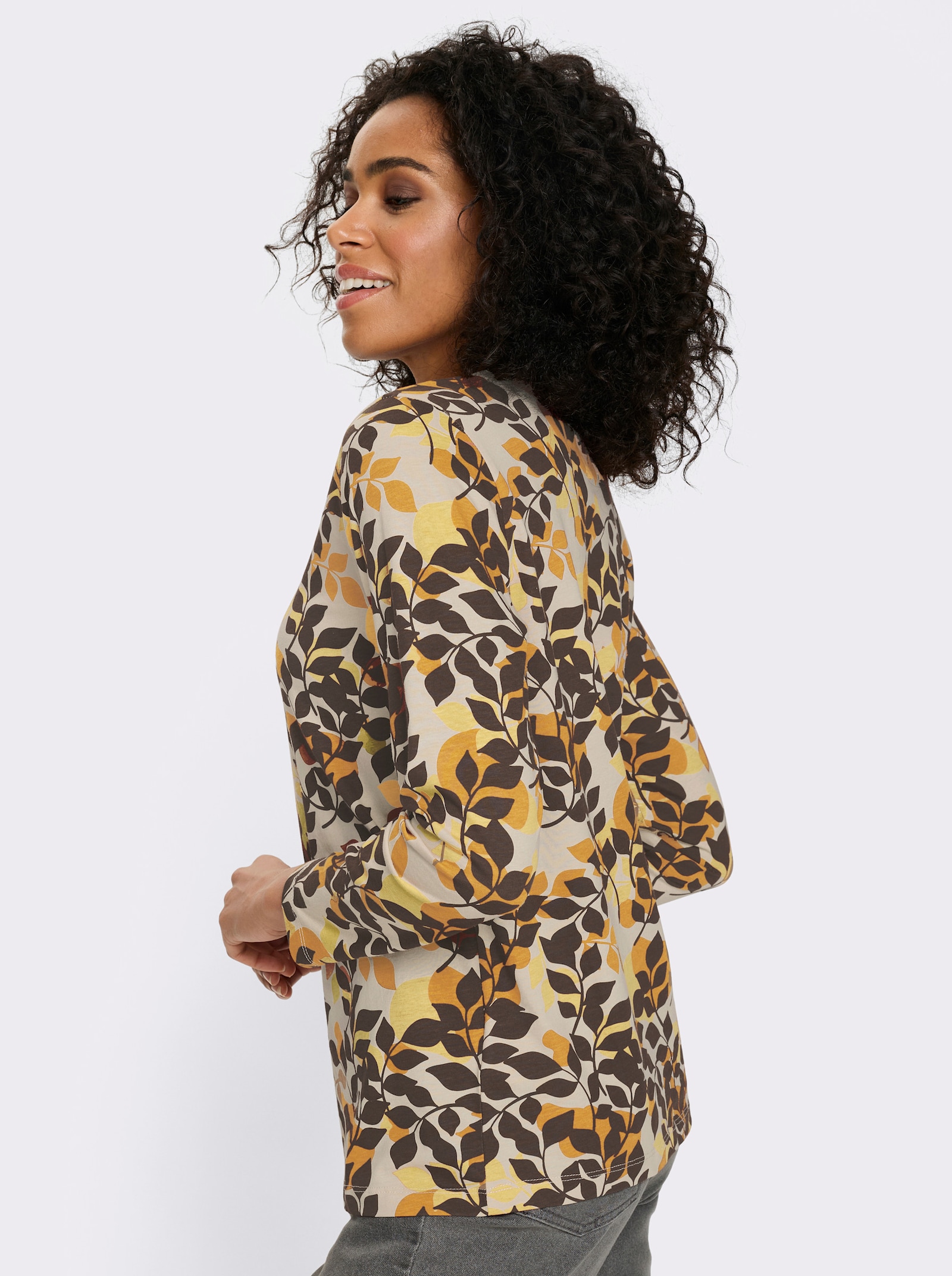 Langarmshirt im Blätter-Dessin - ocker-schoko-bedruckt