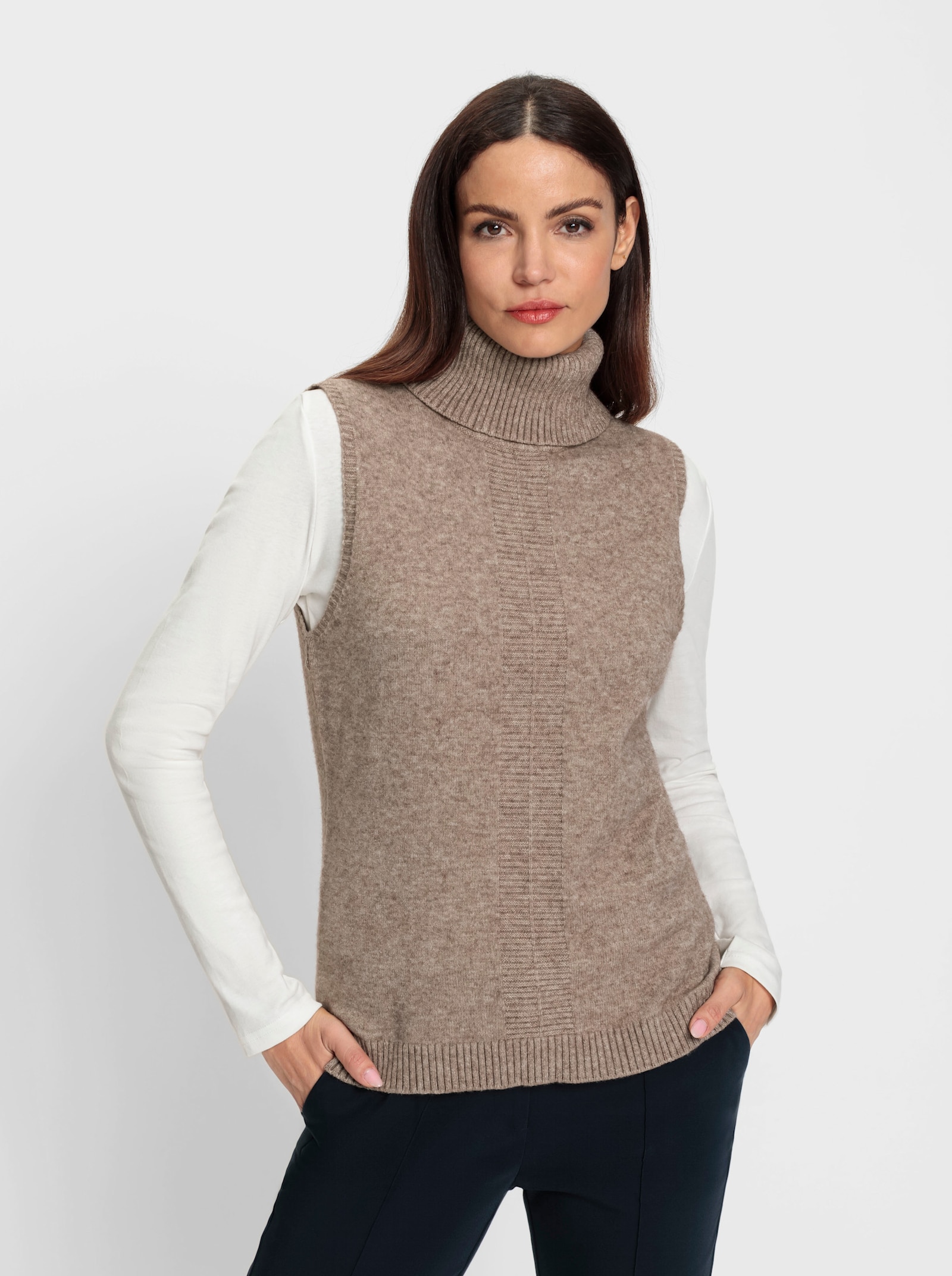 heine Slip-over met rolkraag - sesam gemêleerd