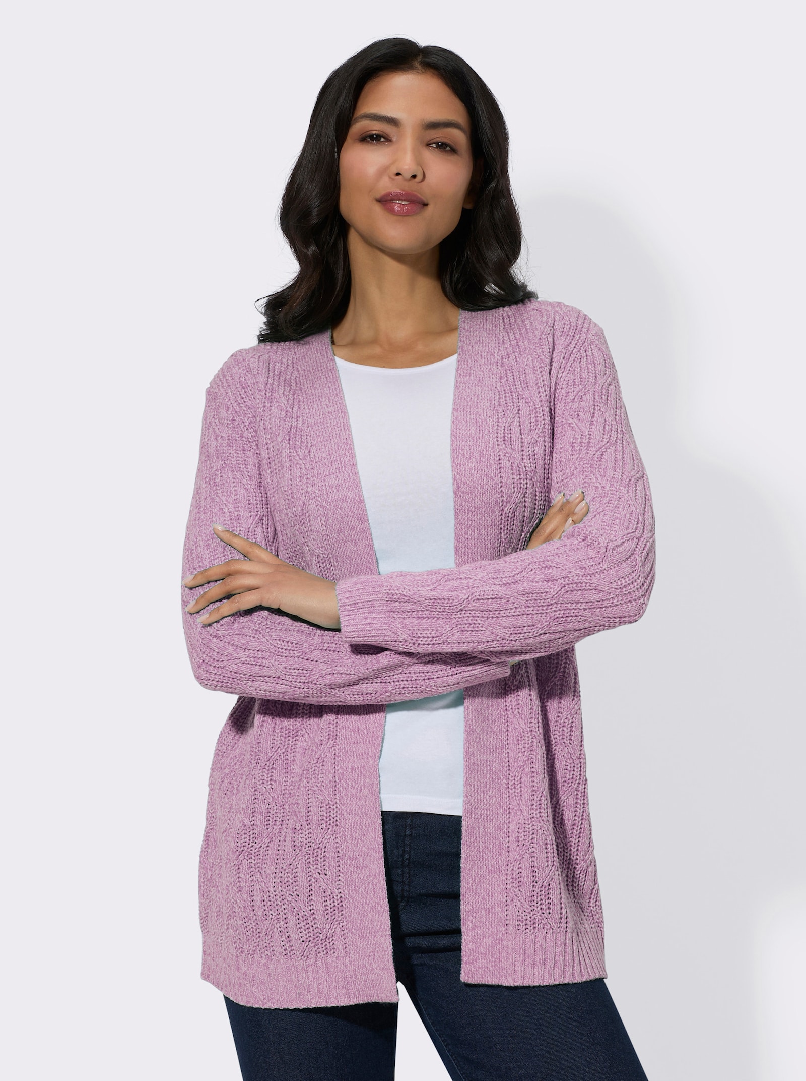 Strickjacke mit Zopf-Strickmuster - orchidee-meliert