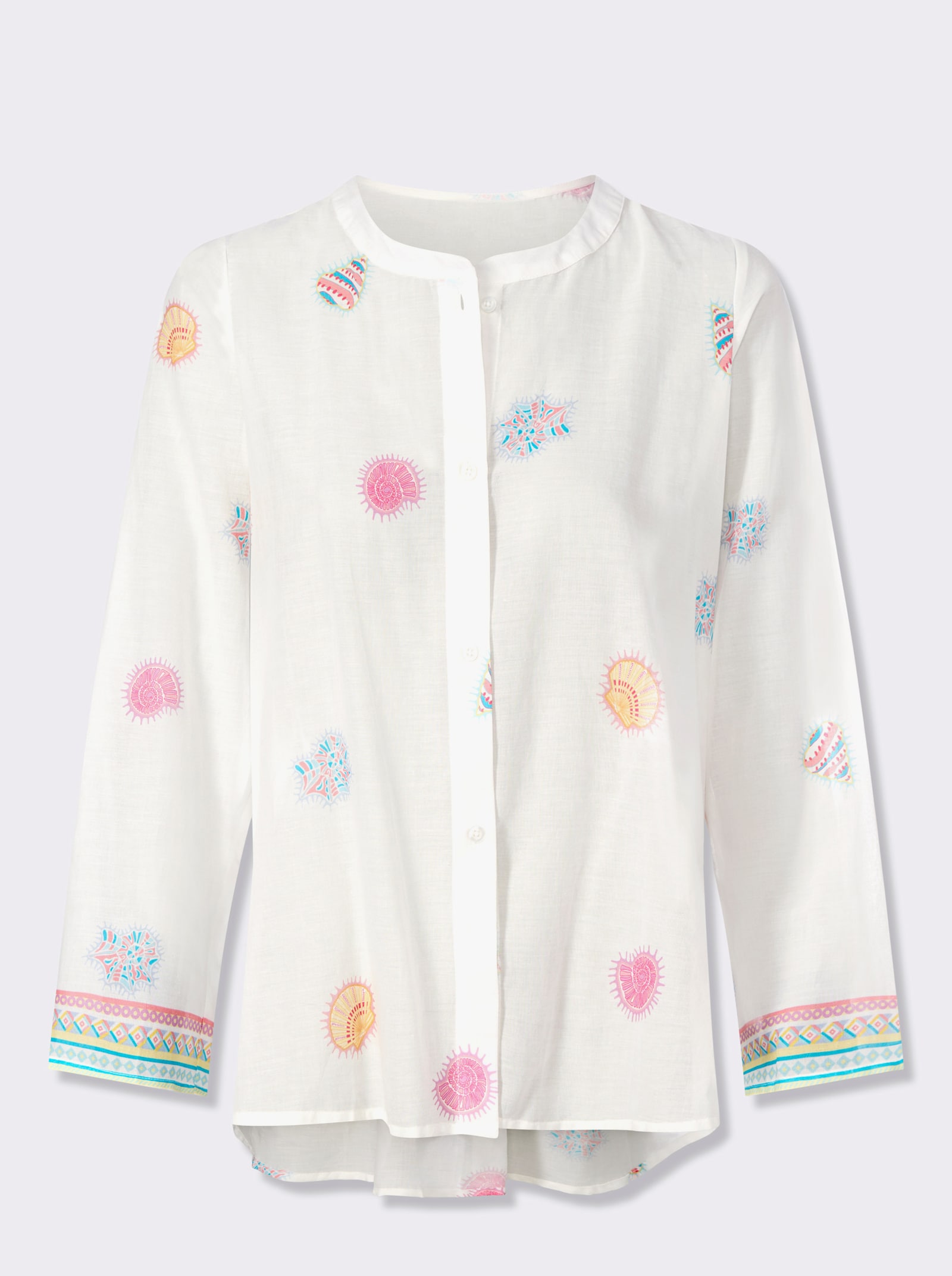 heine Baumwollbluse mit Seitenschlitzen - weiß-flamingo-bedruckt