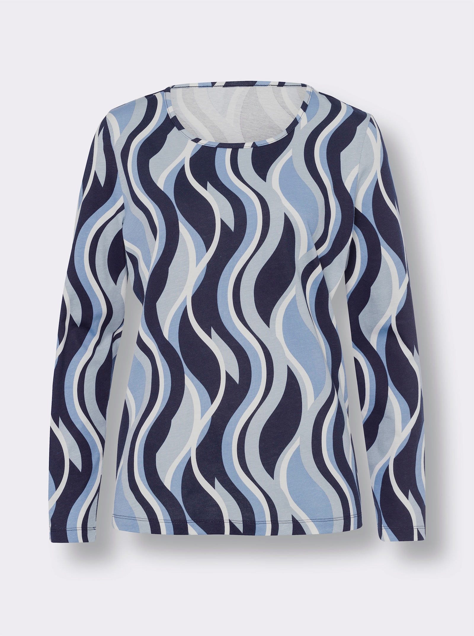 Langarmshirt mit Wellen-Muster - ecru-himmelblau-bedruckt