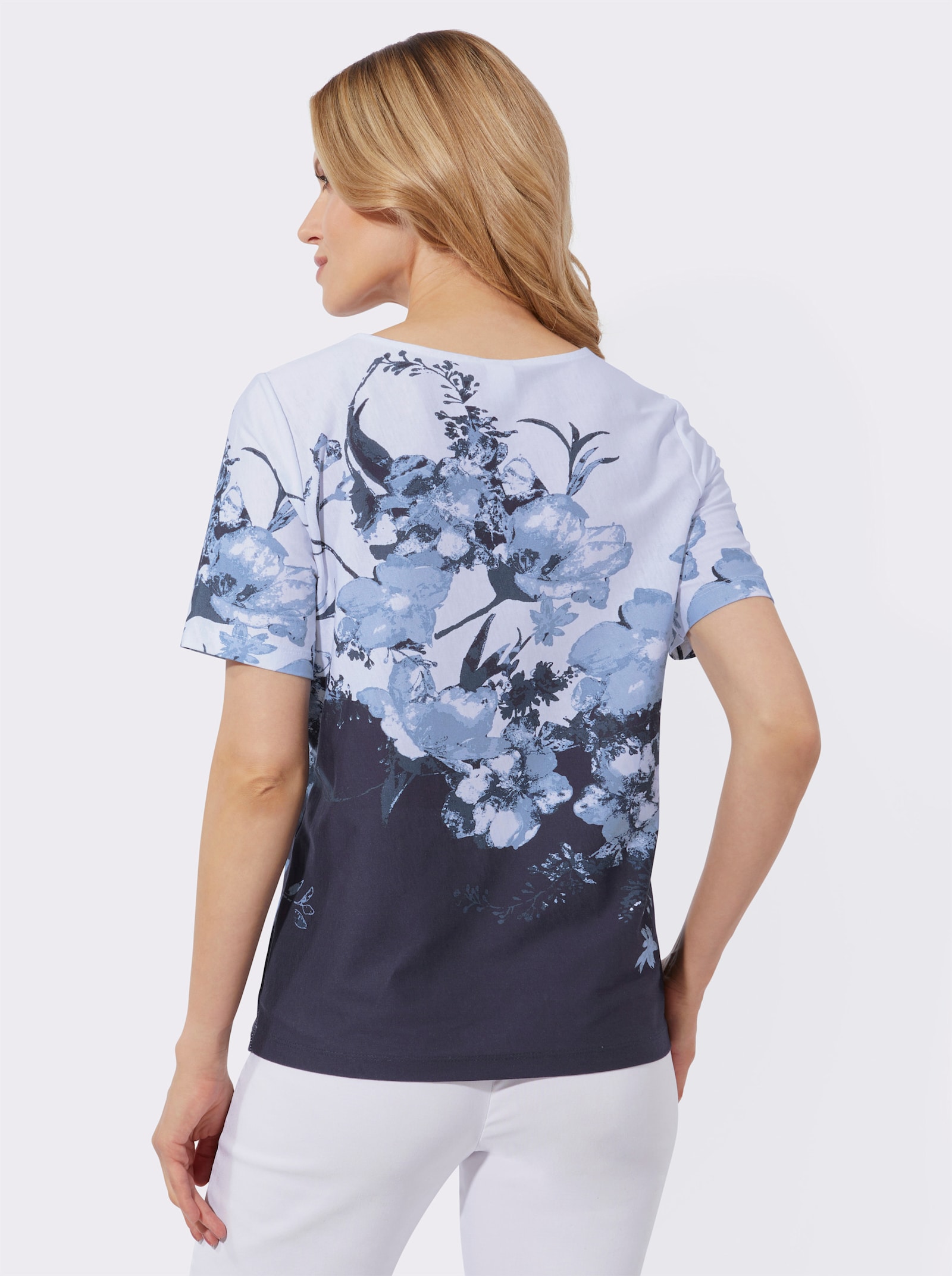Shirt met V-hals en bloemenprint - marine/wit geprint