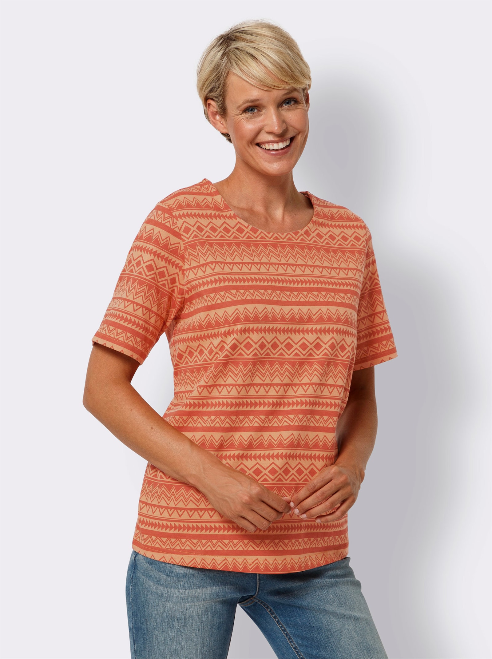 Kurzarmshirt aus reiner Baumwolle - papaya-weiß-bedruckt