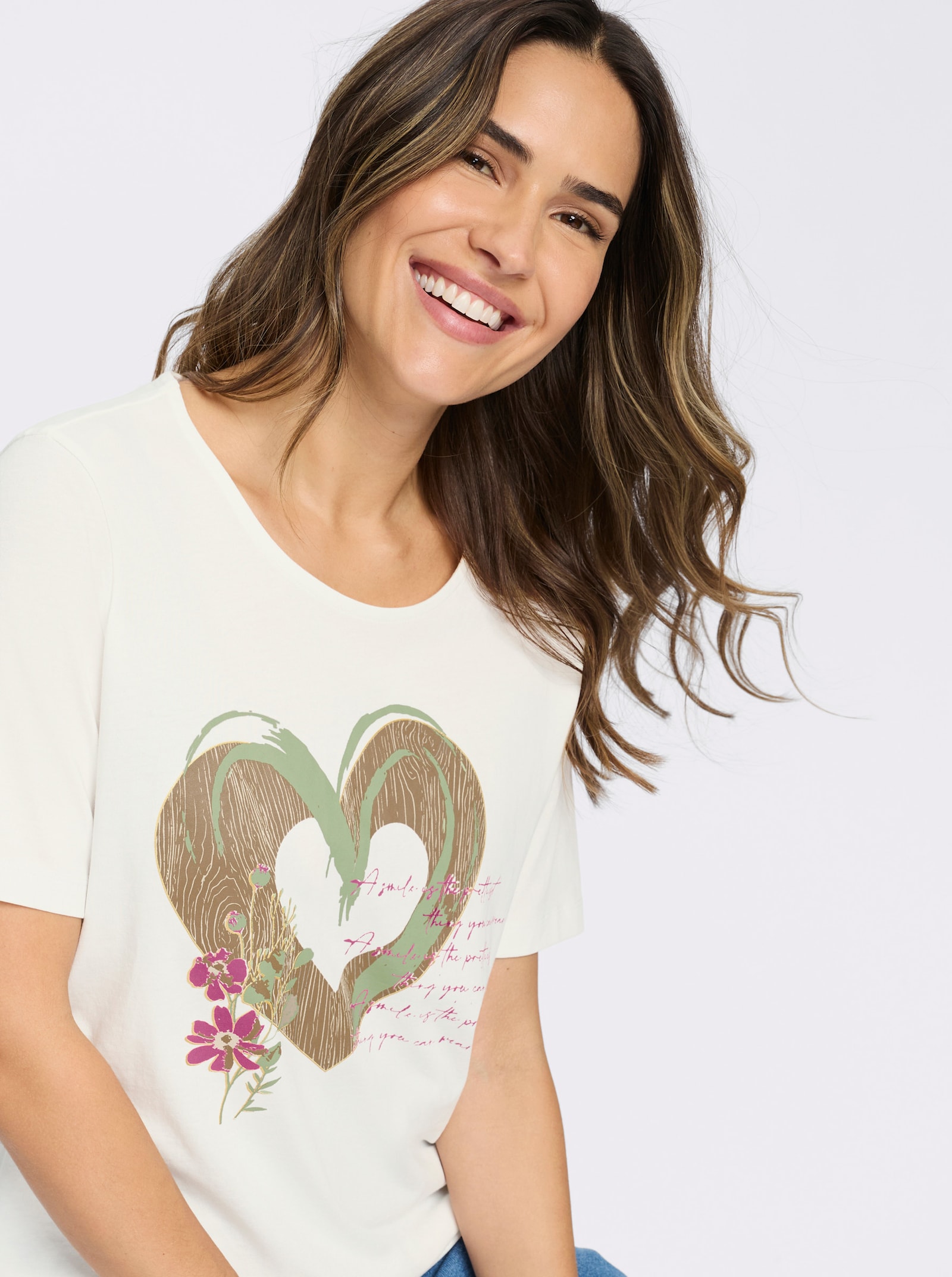 Kurzarmshirt im Trachtenstil - ecru-braun