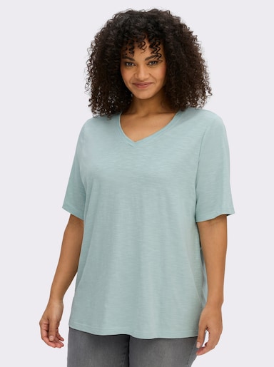 sheego Shirt met V-hals in vlamgarenlook - kalkmint