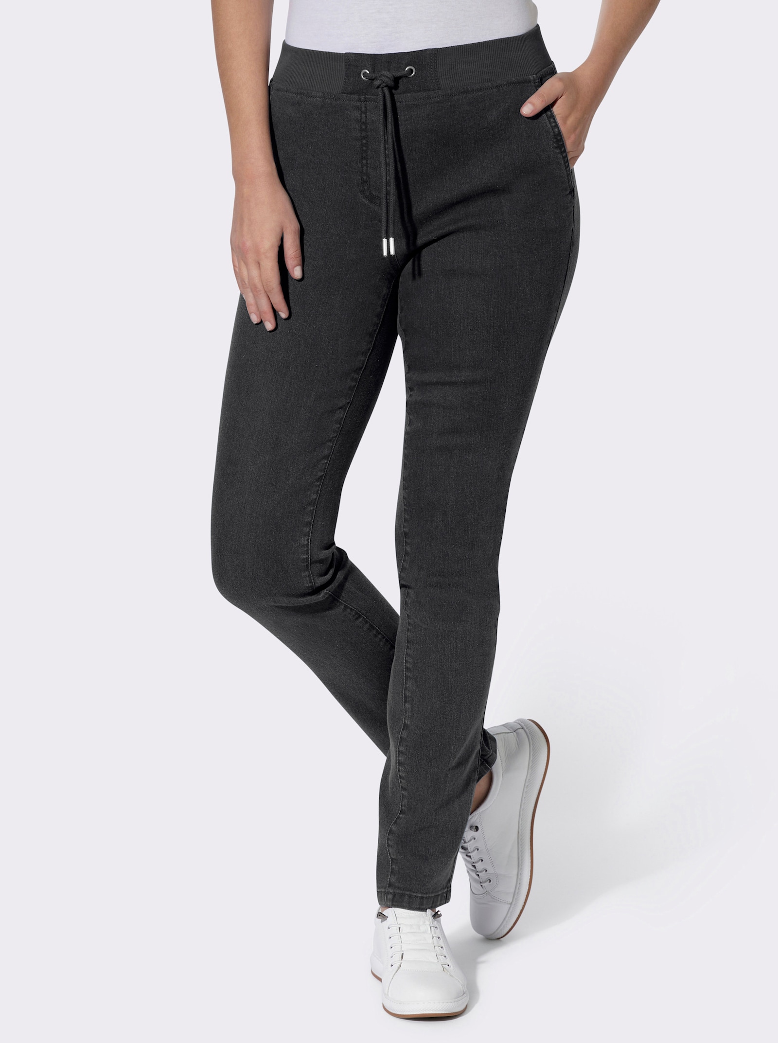 Comfortjeans met ogen en sierband - black denim