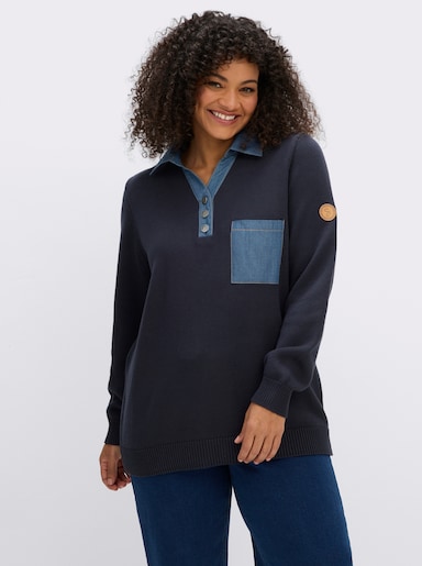 sheego Strickpullover mit Jeans-Details - tiefblau