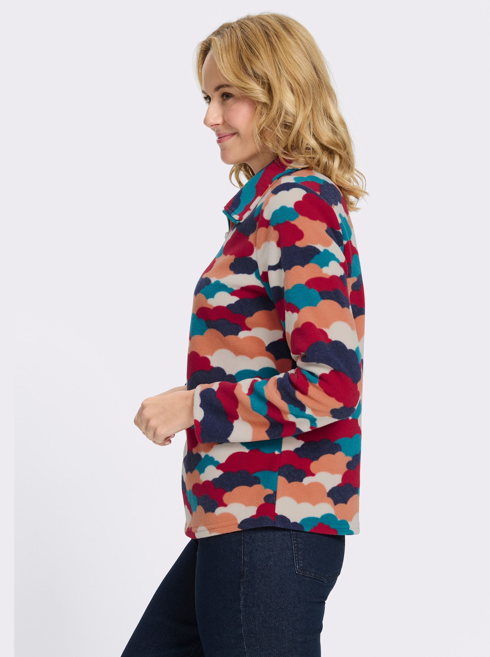Fleeceshirt mit Wolken-Muster allover - marine-papaya-bedruckt