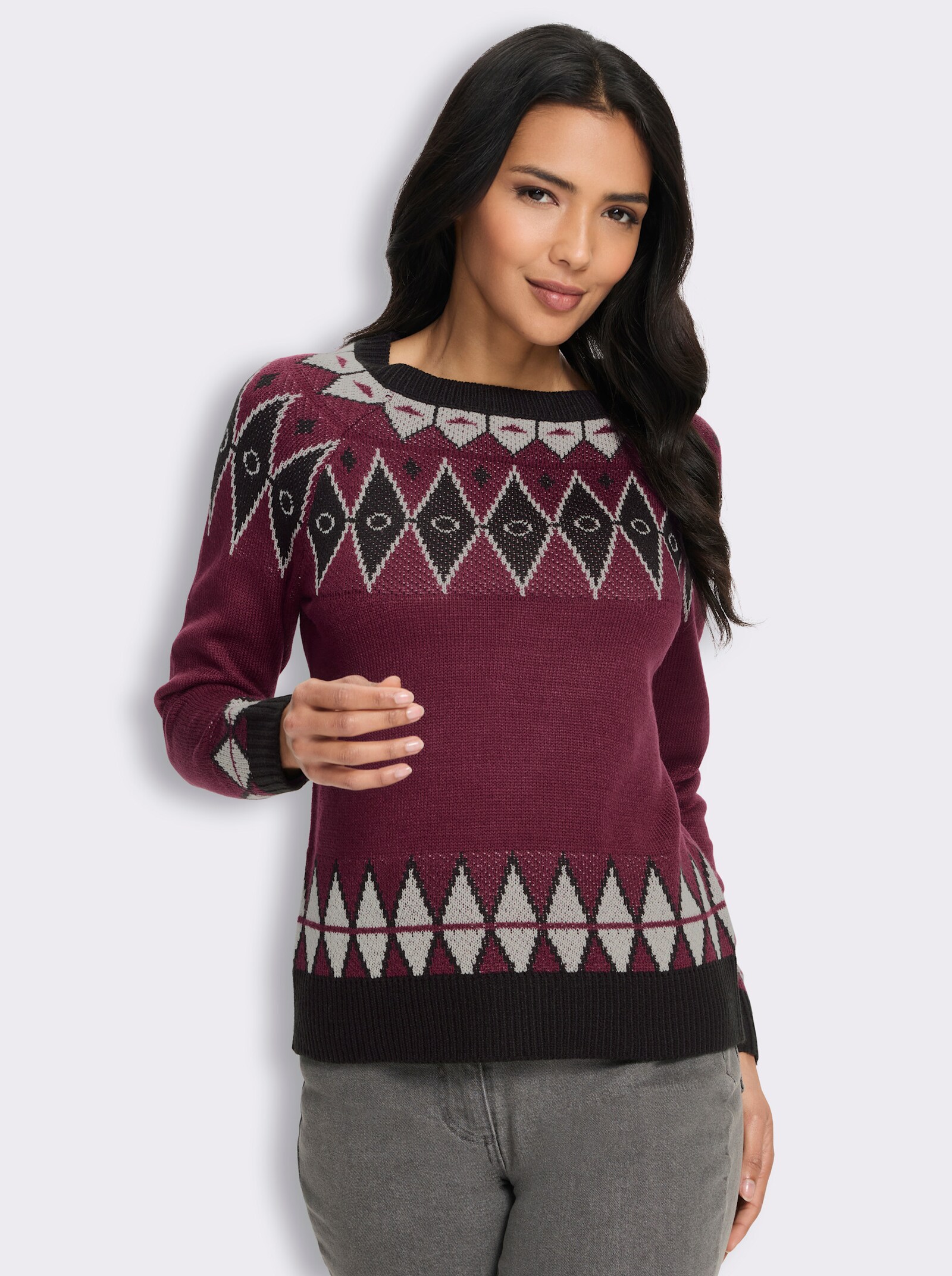 Rundhalspullover im attraktiven Jacquardmuster - bordeaux-schwarz-gemustert