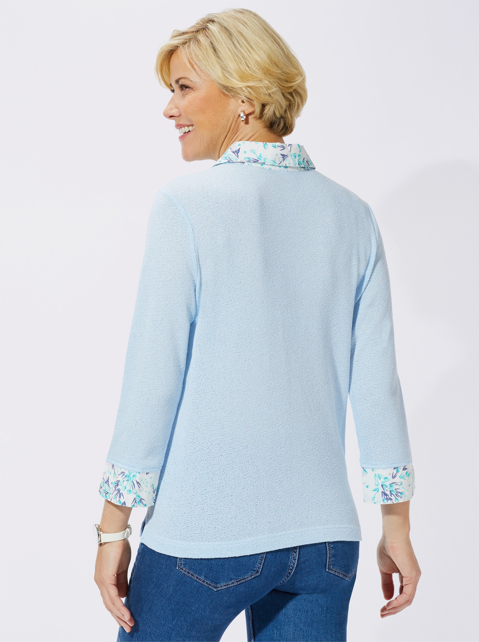 2-in-1-Shirt aus Bouclé, mit Blusenstoff - hellblau-meliert
