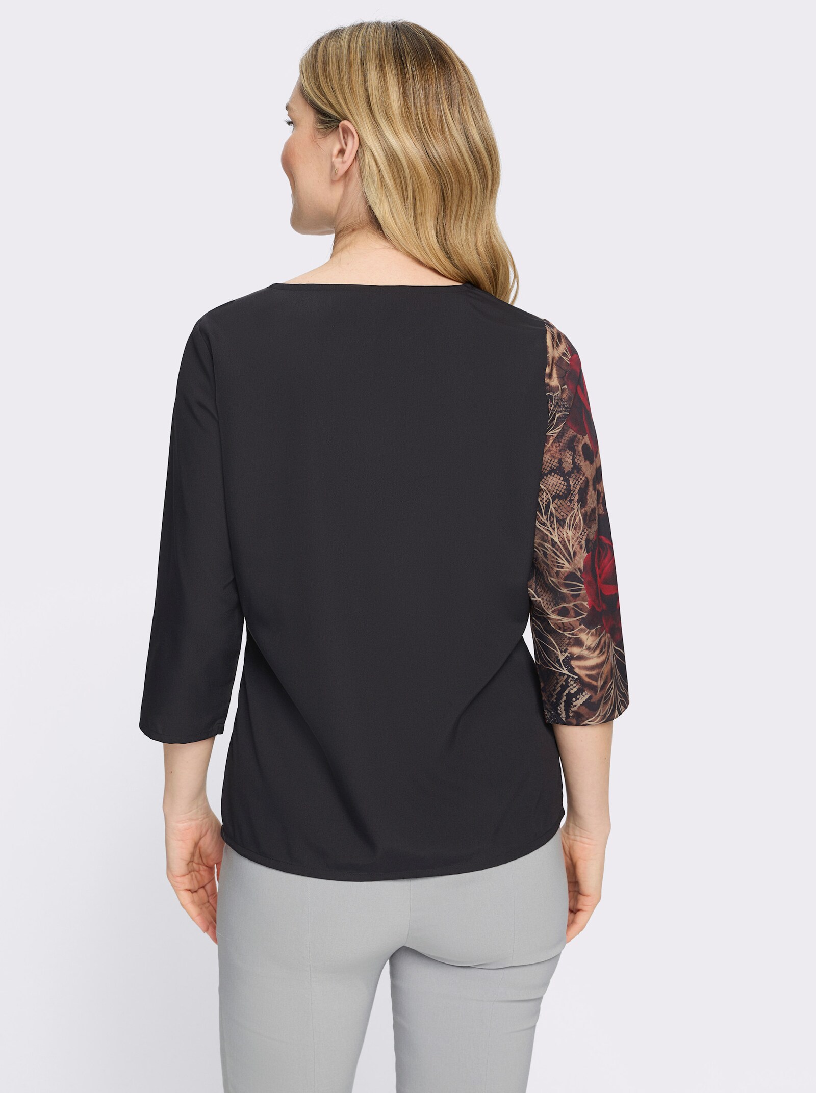 Druckbluse mit Leo- und Blüten-Print - schwarz-rot-bedruckt