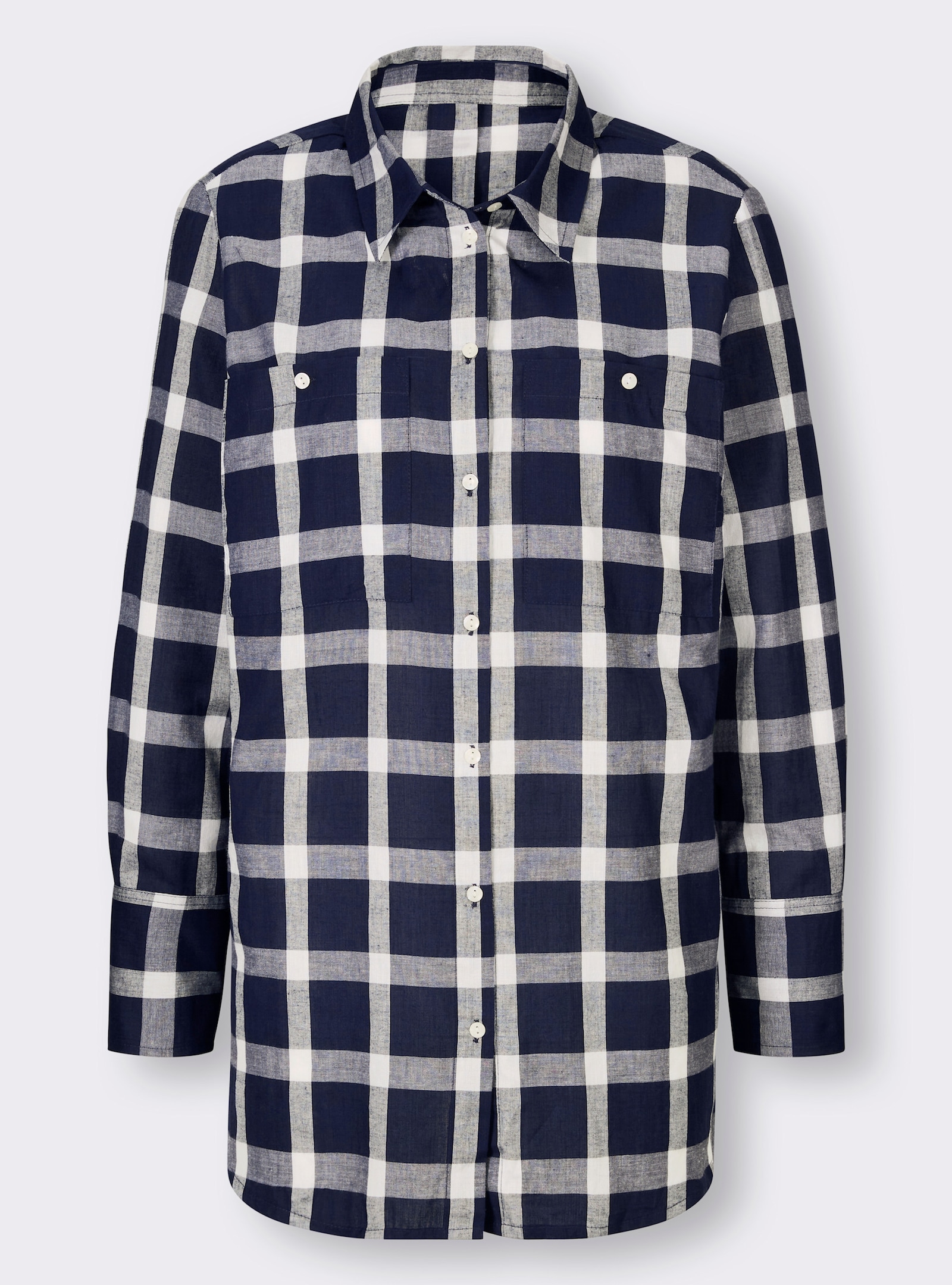 heine Hemdbluse mit abgerundetem Saum - marine-ecru-kariert