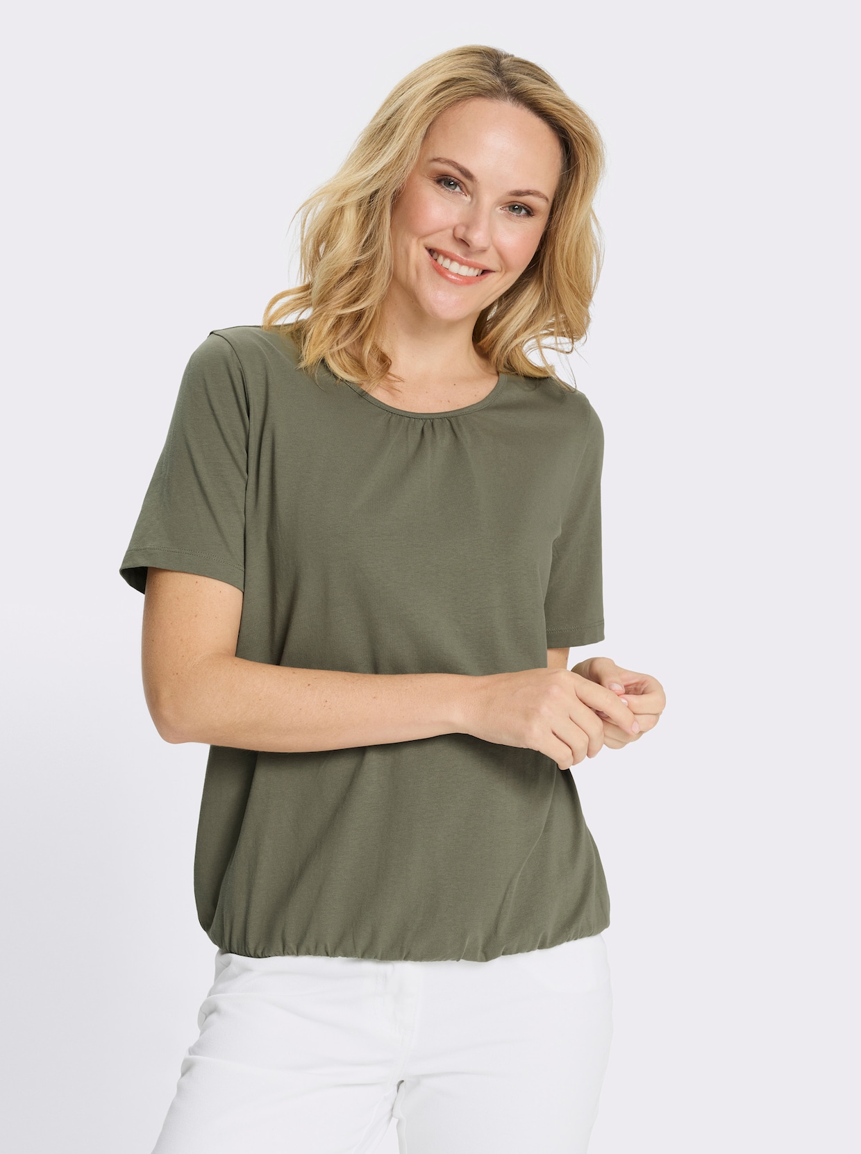 Kurzarmshirt mit gerafftem Ausschnitt - khaki