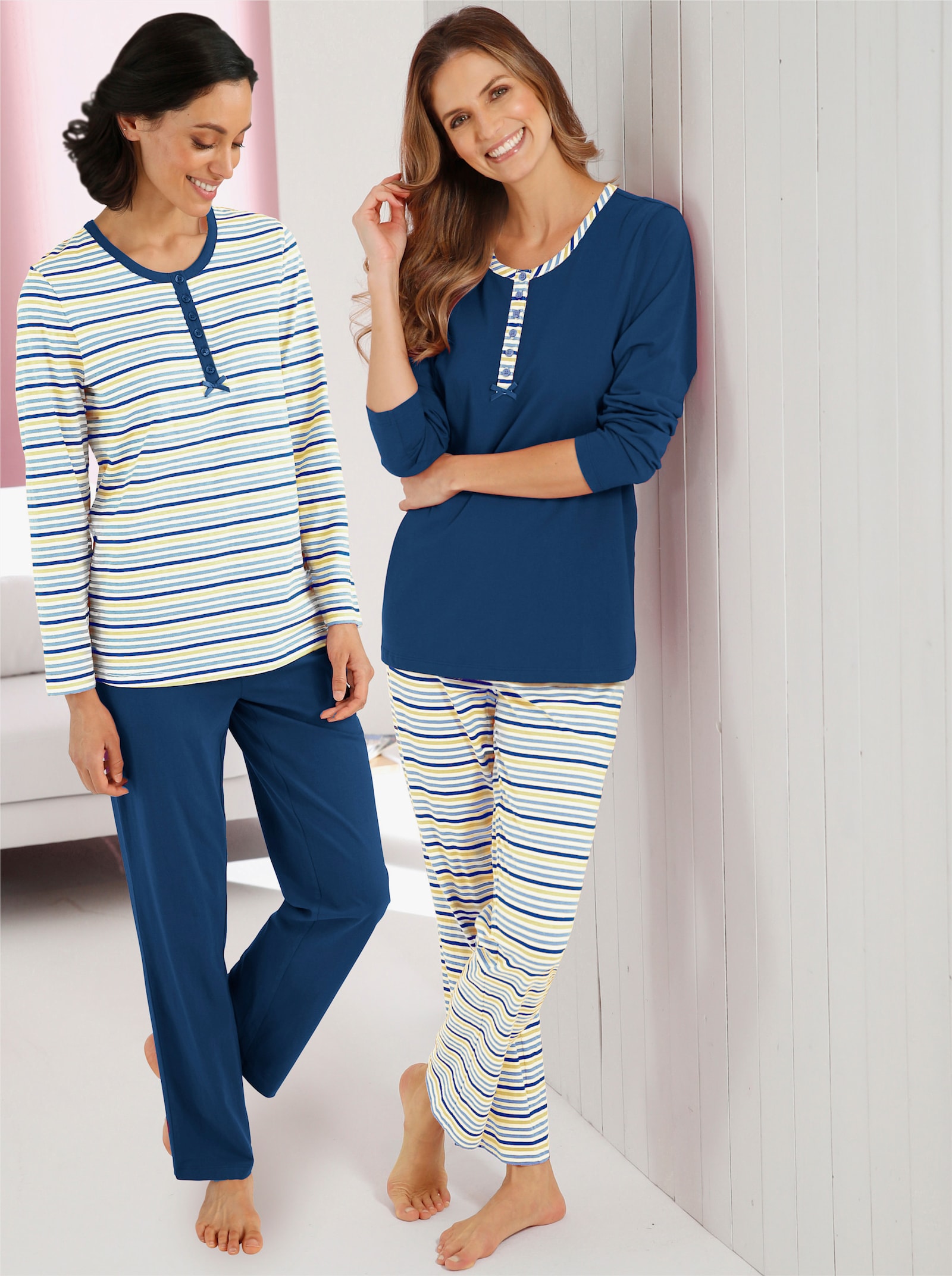 wäschepur Schlafanzüge aus reiner Baumwolle - jeansblau + jeansblau-geringelt