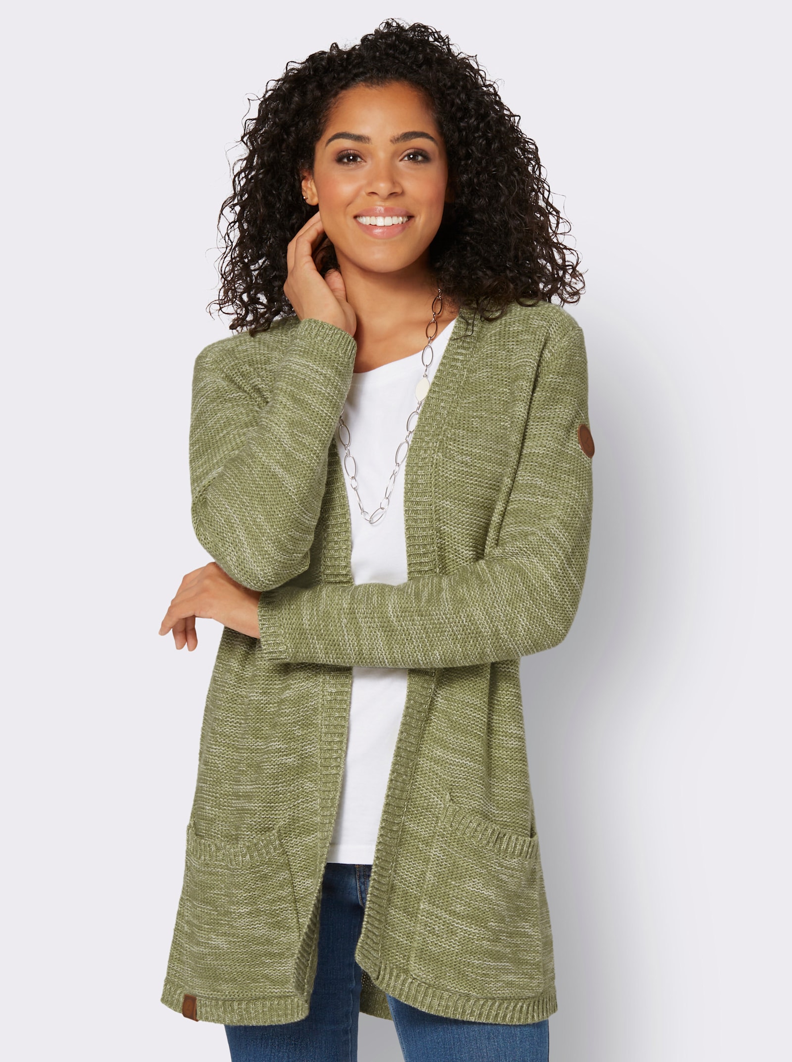 Strickjacke in Longform, meliert - schilf-meliert