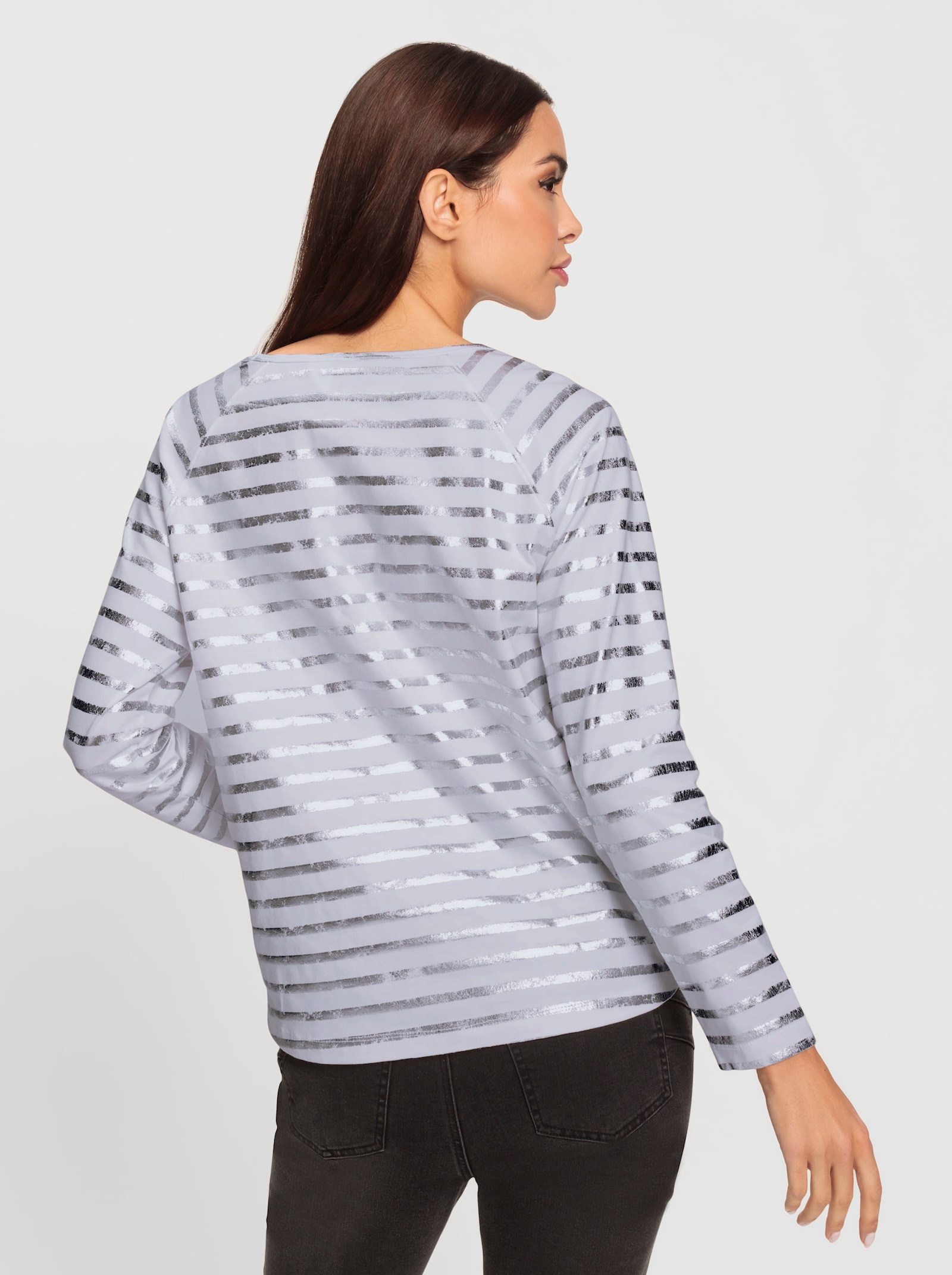 heine Gestreept shirt met glanzende folieprint - wit/zilverkleurig gestreept