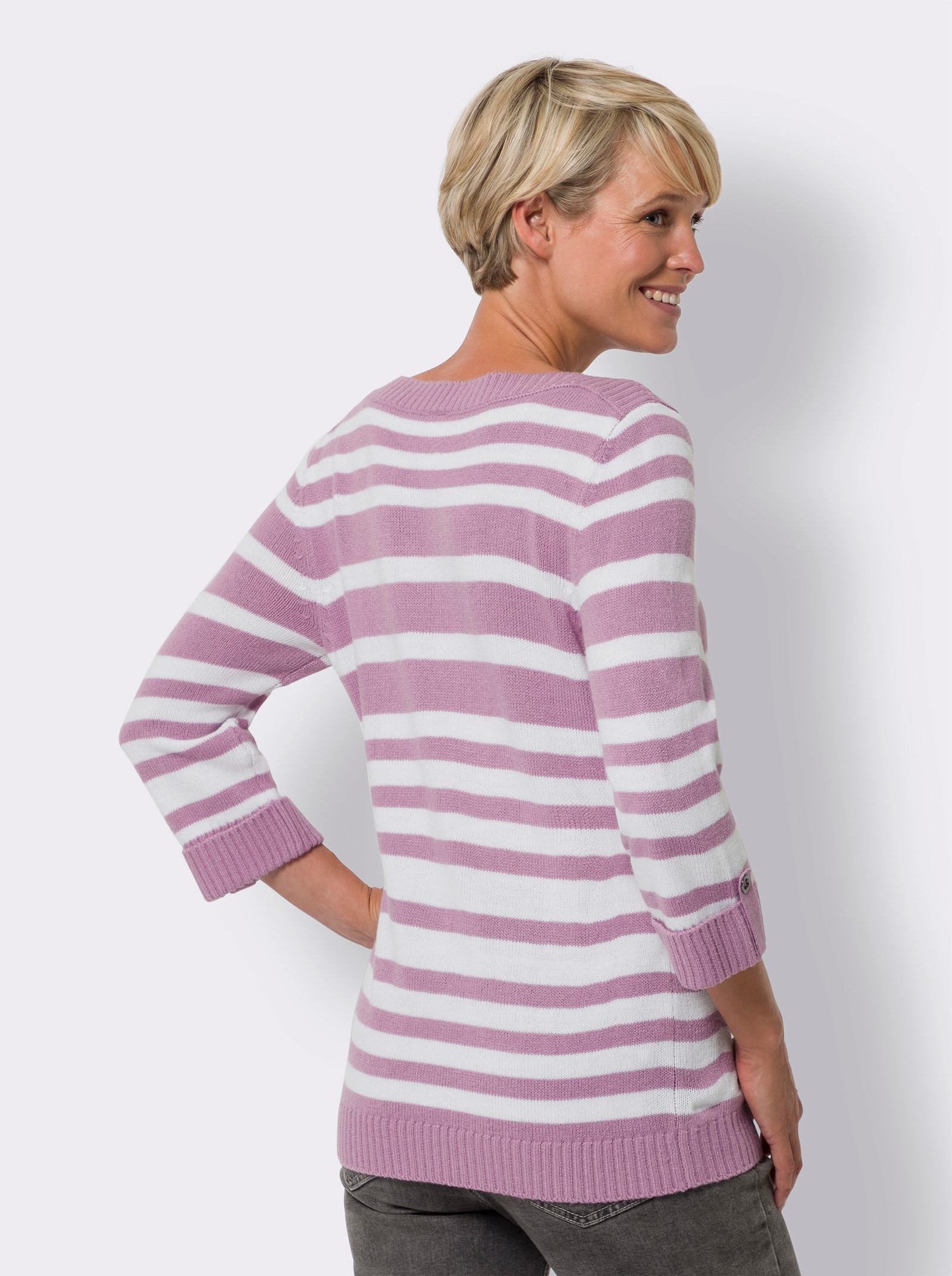 Pullover met 3/4-mouwen en boothals - orchidee/wit gedessineerd