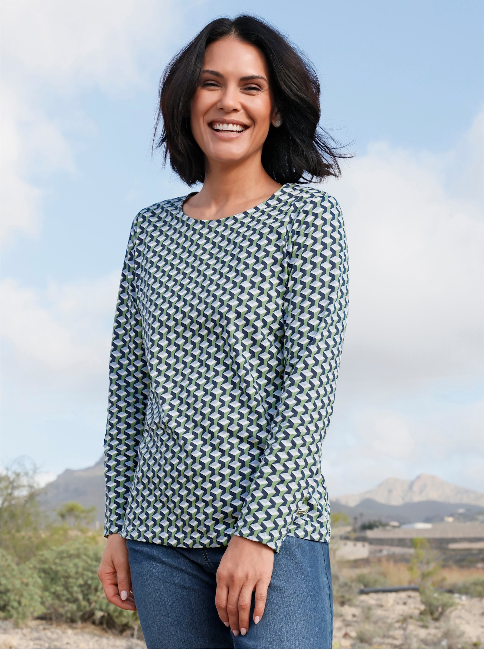 Rundhalsshirt im Minimal-Dessin - dunkelblau-eucalyptus-bedruckt