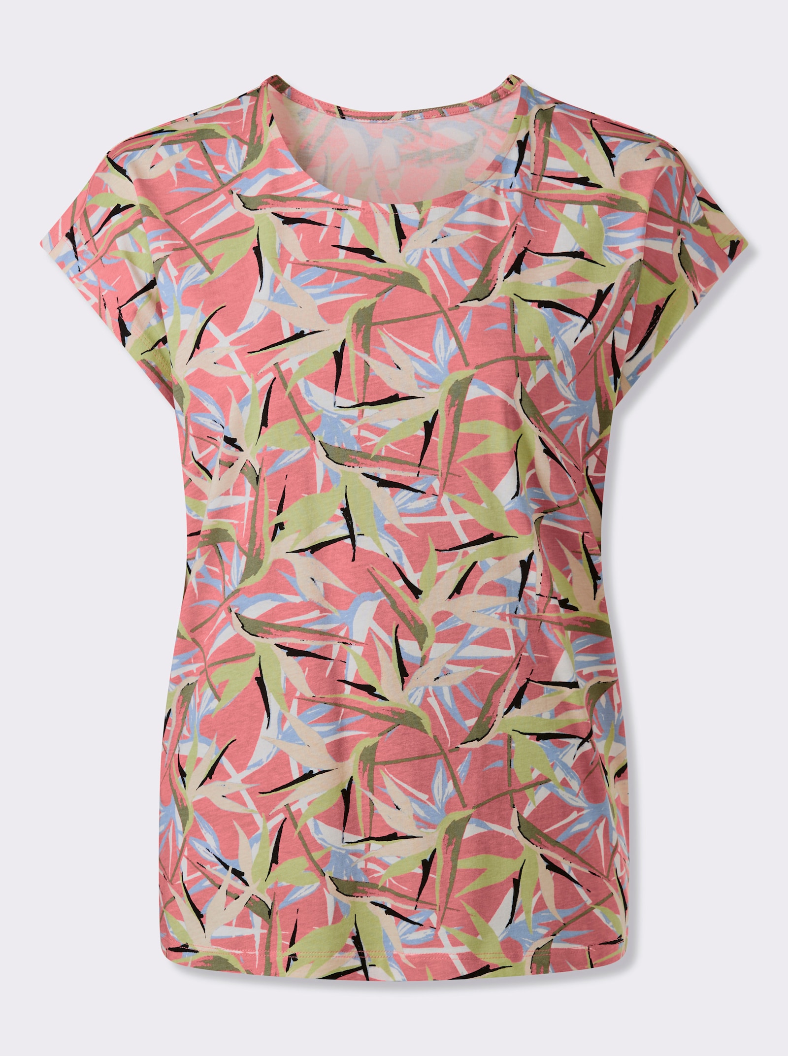 Kurzarmshirt aus Baumwolle, floral bedruckt - flamingo-bleu-bedruckt