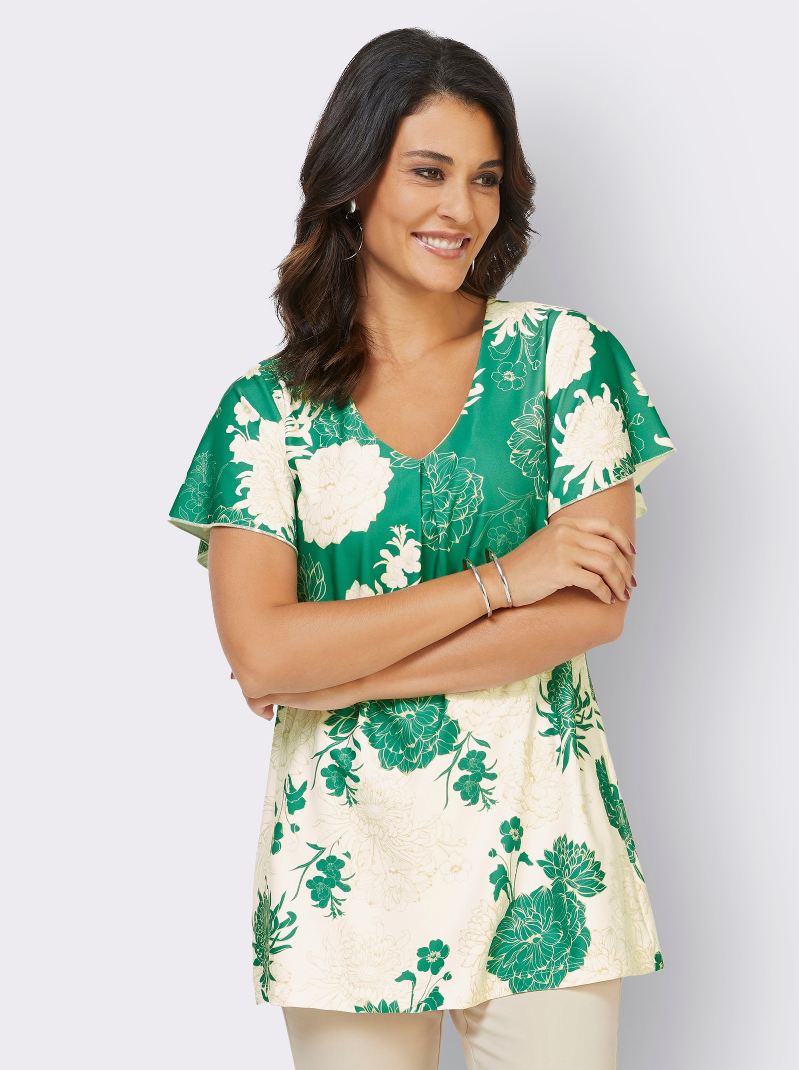 Longshirt in A-Linie, mit Flügelärmeln - grün-ecru-bedruckt