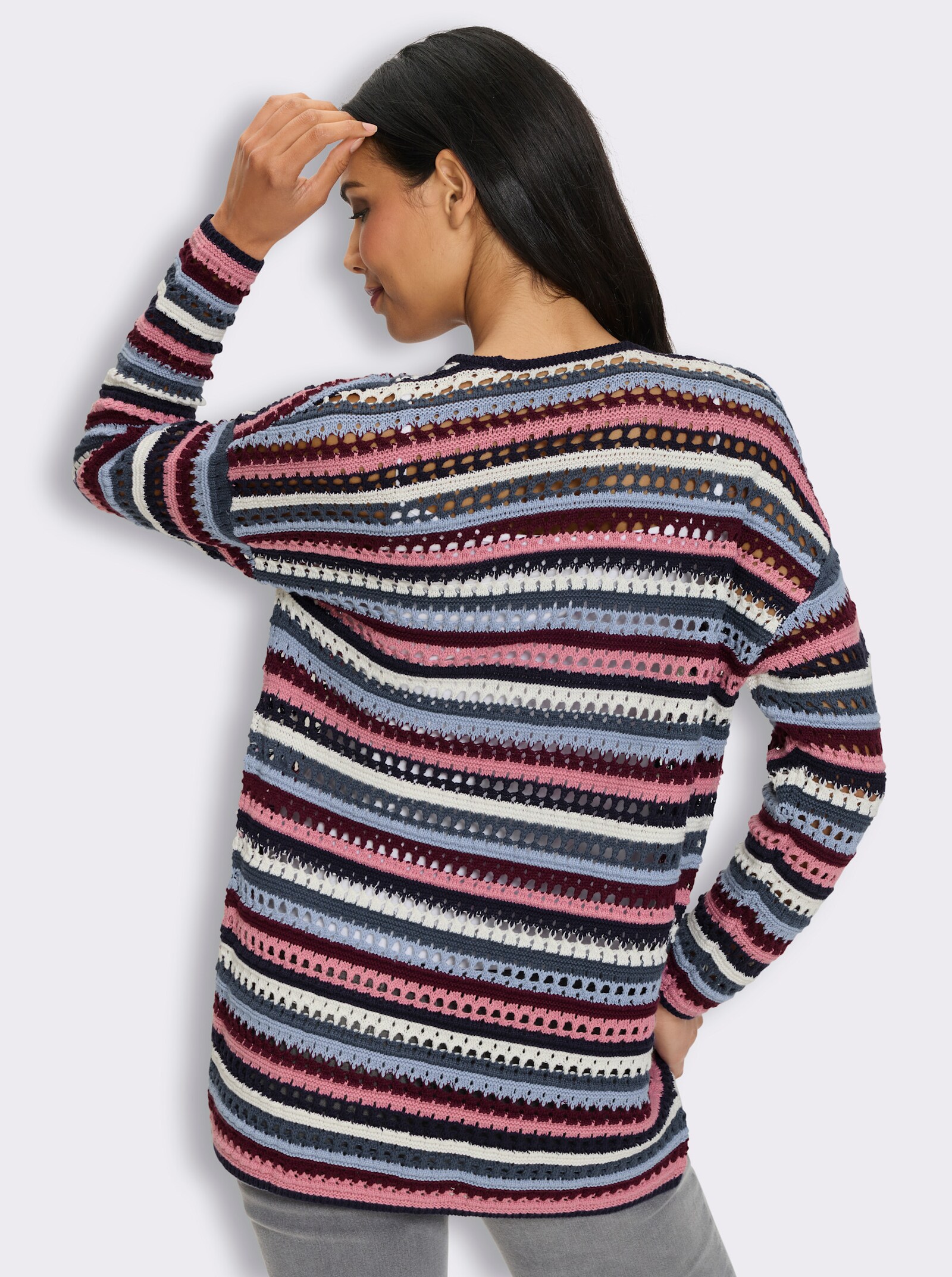 Longstrickjacke in Ajour-Streifenmuster - fuchsia-rauchblau-geringelt
