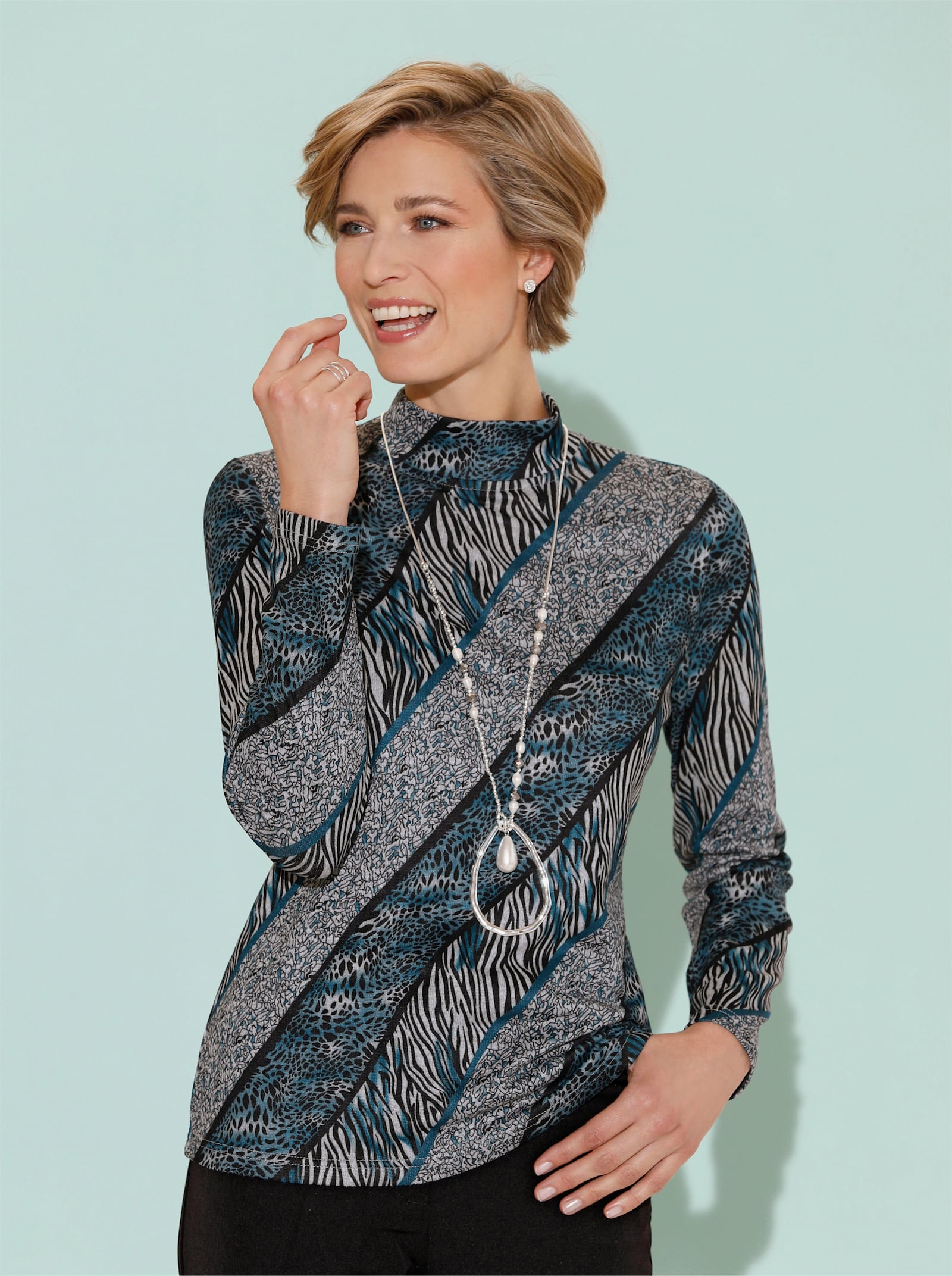 Langarmshirt mit Stehkragen - aquapetrol-schwarz-bedruckt