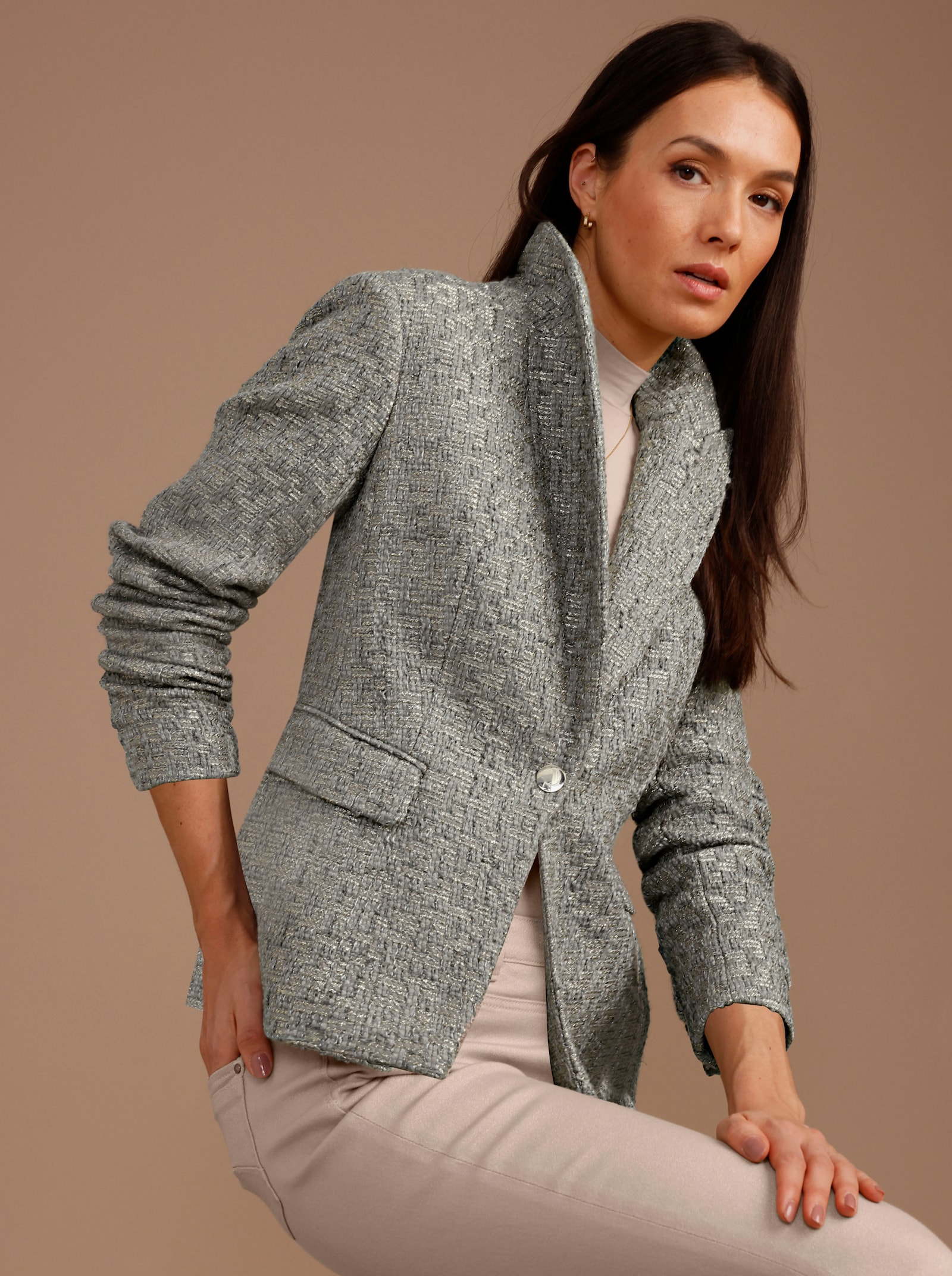 CREATION L PREMIUM Bouclé-Blazer mit schräger Kante - grau-goldfarben-gemustert