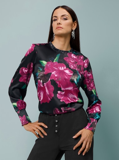 Satinbluse mit Rüschen am Kragen - schwarz-malve-bedruckt