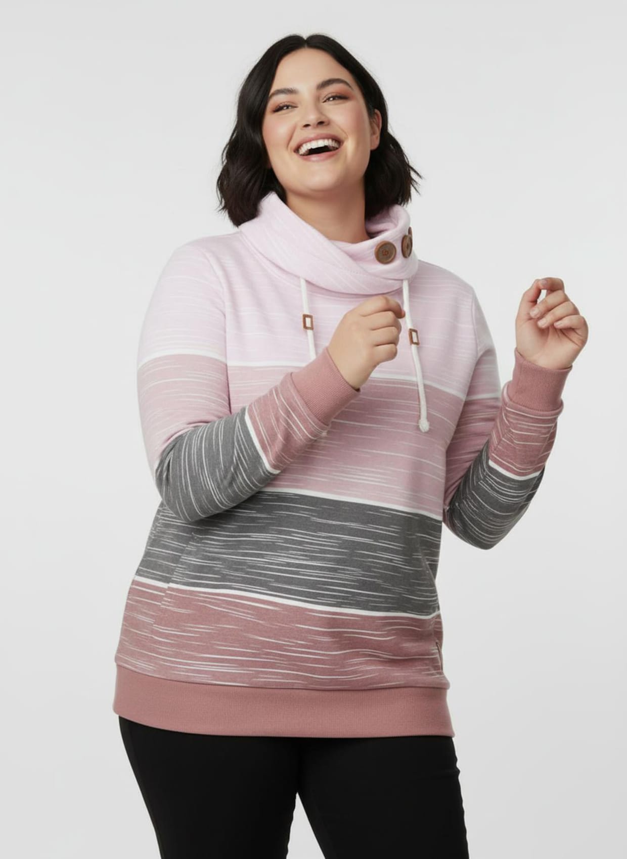 Sweatshirt mit Zierknöpfen am Kragen - rosenholz-hellrosé-bedruckt