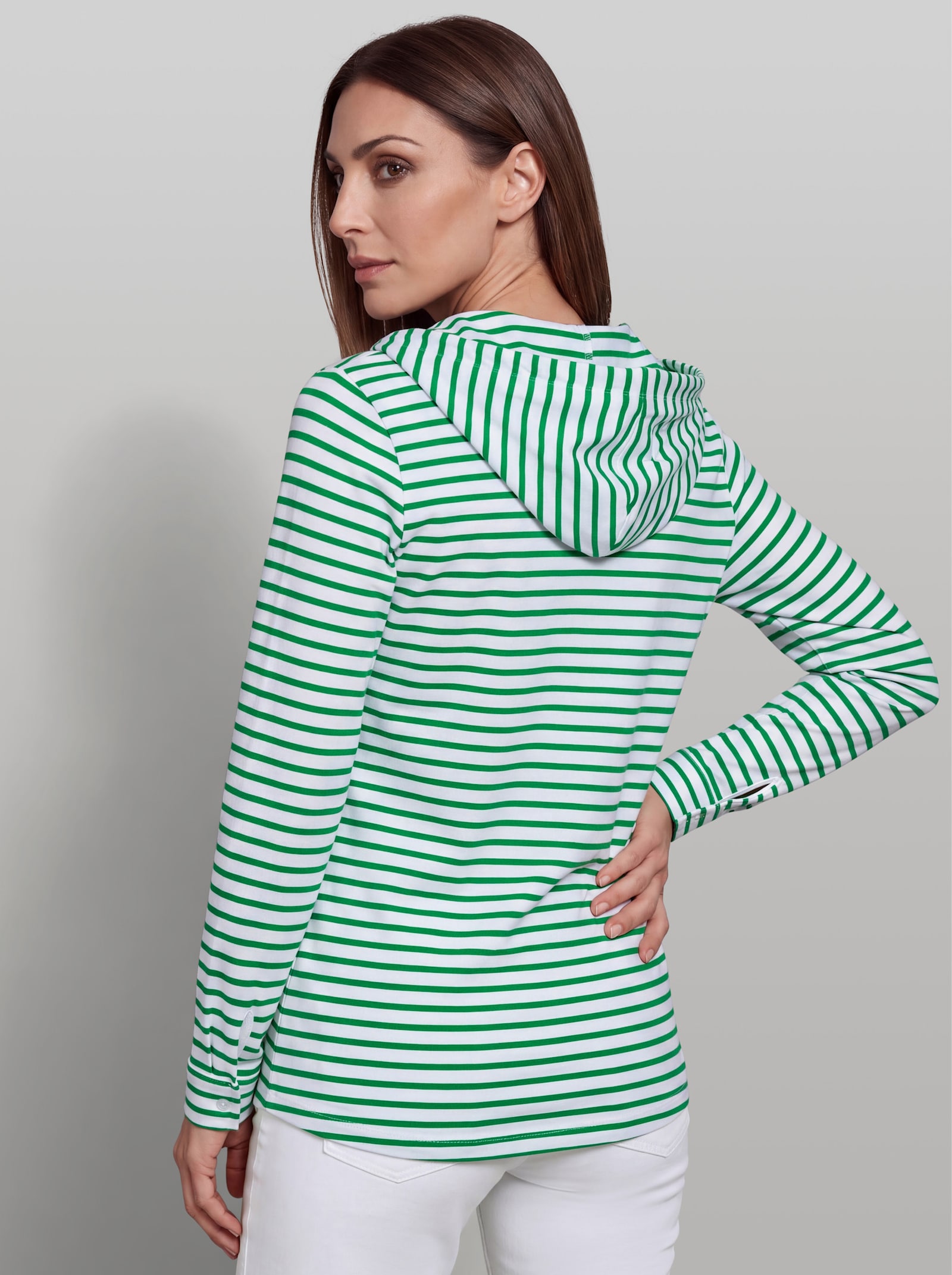 heine Streifenshirt mit Kapuze - weiß-grasgrün-geringelt