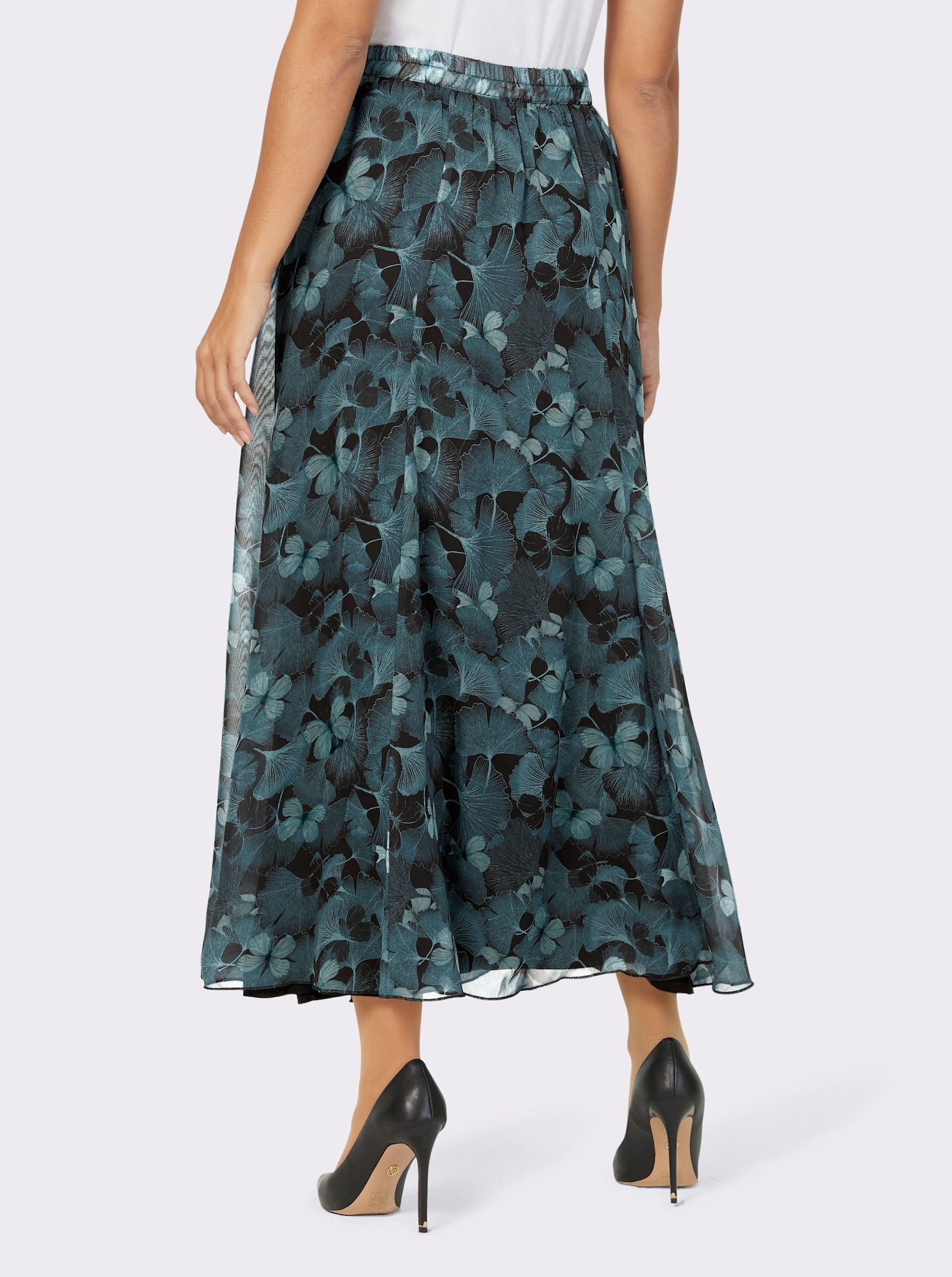 A-lijn-rok met comfortband rondom - zwart/petrol bedrukt